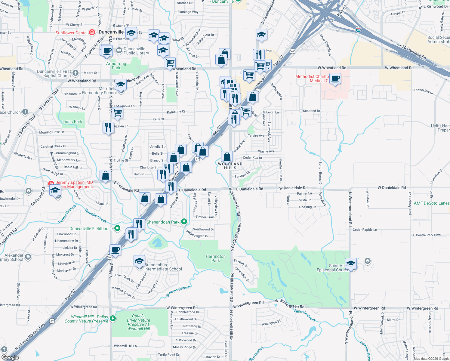 map of restaurants, bars, coffee shops, grocery stores, and more near 1423 S Cockrell Hill Rd in Duncanville