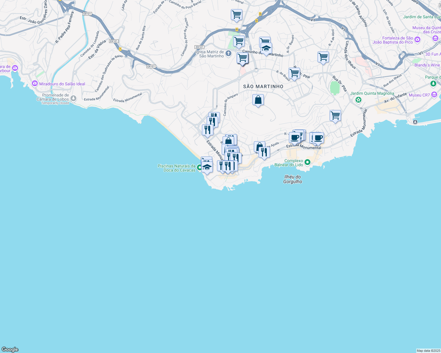 map of restaurants, bars, coffee shops, grocery stores, and more near 23 Rua da Ponta da Cruz in Funchal