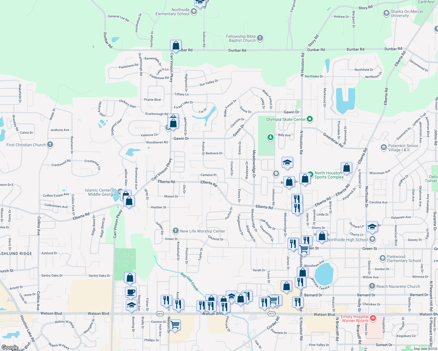 map of restaurants, bars, coffee shops, grocery stores, and more near 106 Camelot Place in Warner Robins