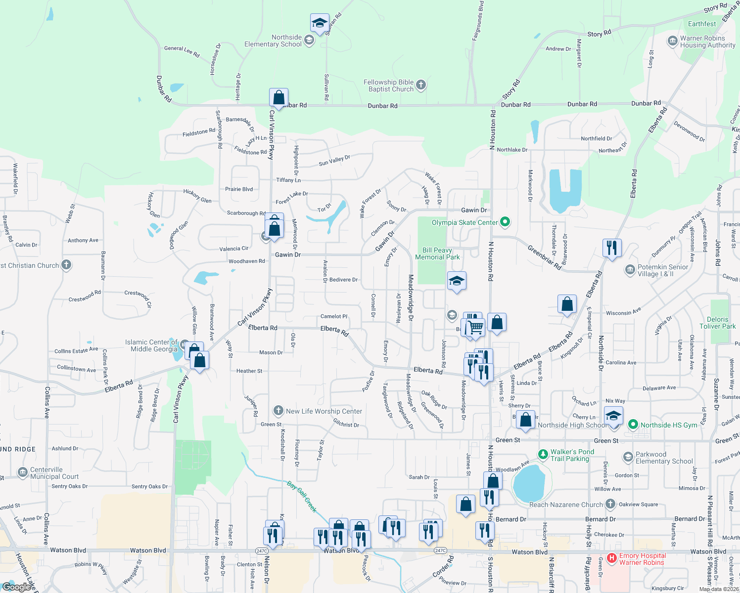 map of restaurants, bars, coffee shops, grocery stores, and more near 214 Cornell Dr in Warner Robins