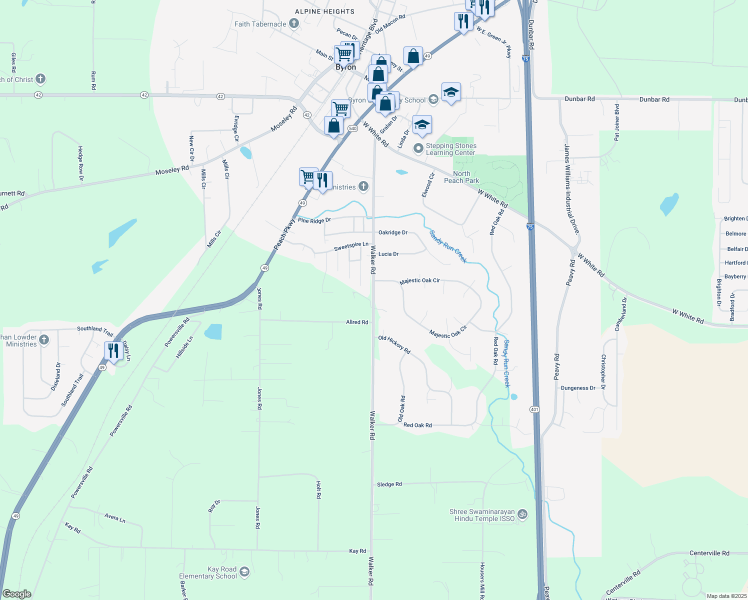 map of restaurants, bars, coffee shops, grocery stores, and more near 555 Walker Road in Byron