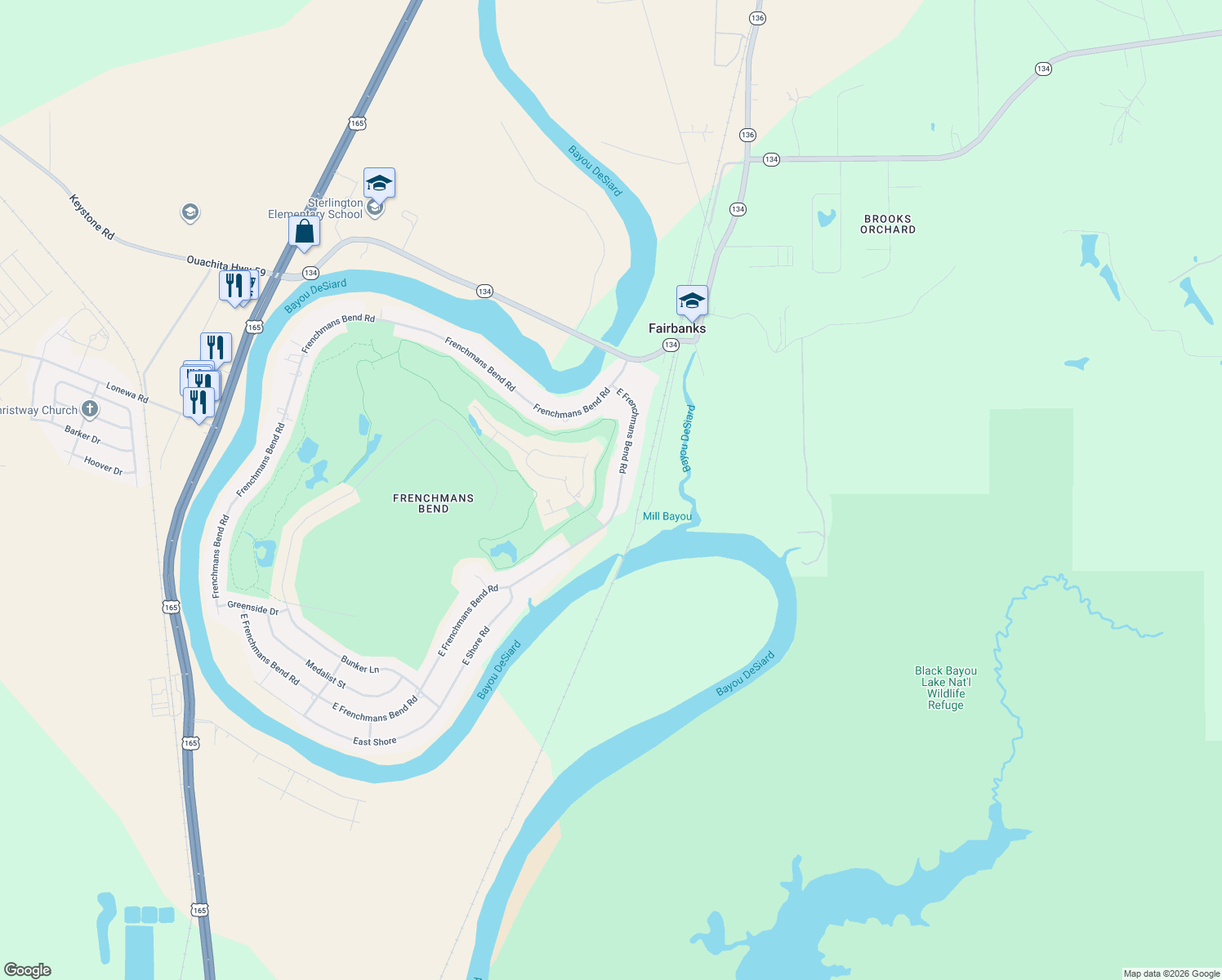 map of restaurants, bars, coffee shops, grocery stores, and more near 128 East Frenchmans Bend Road in Monroe