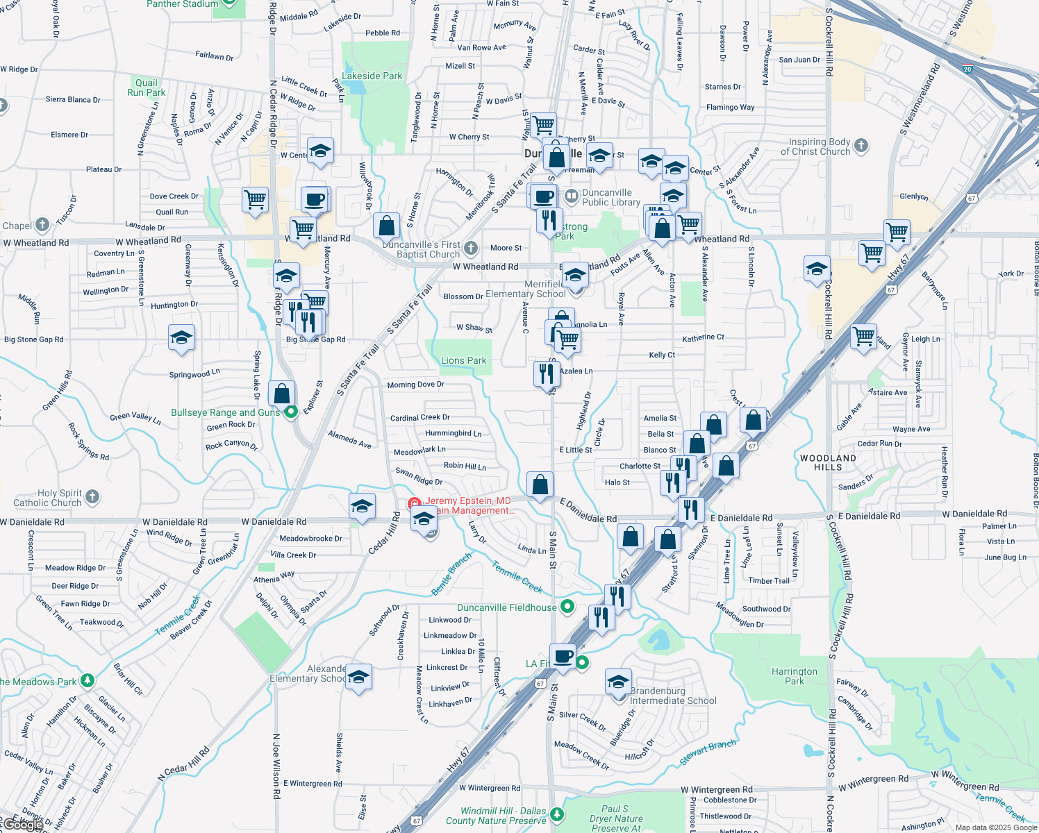 map of restaurants, bars, coffee shops, grocery stores, and more near 1303 South Main Street in Duncanville