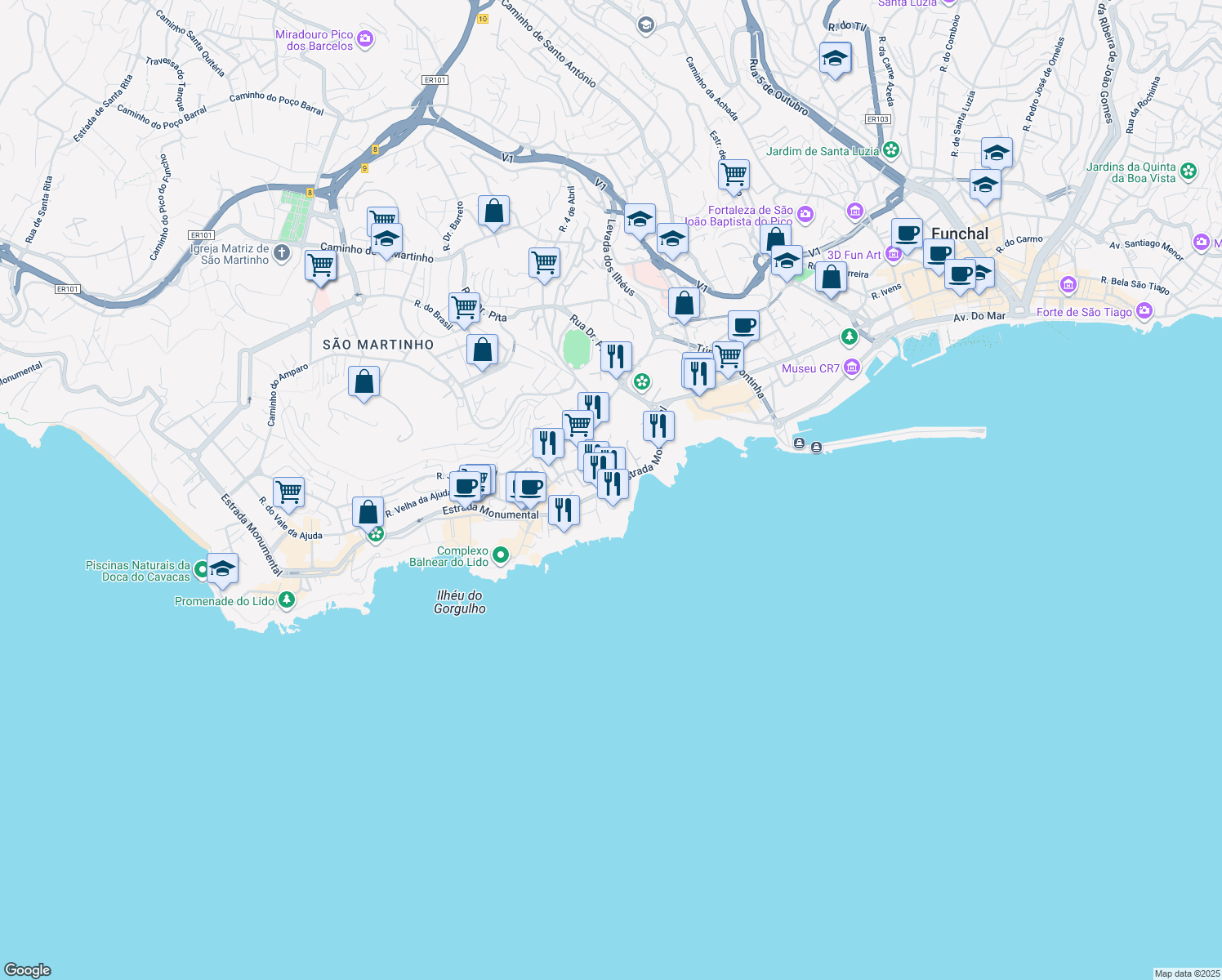 map of restaurants, bars, coffee shops, grocery stores, and more near 153 Estrada Monumental in Funchal