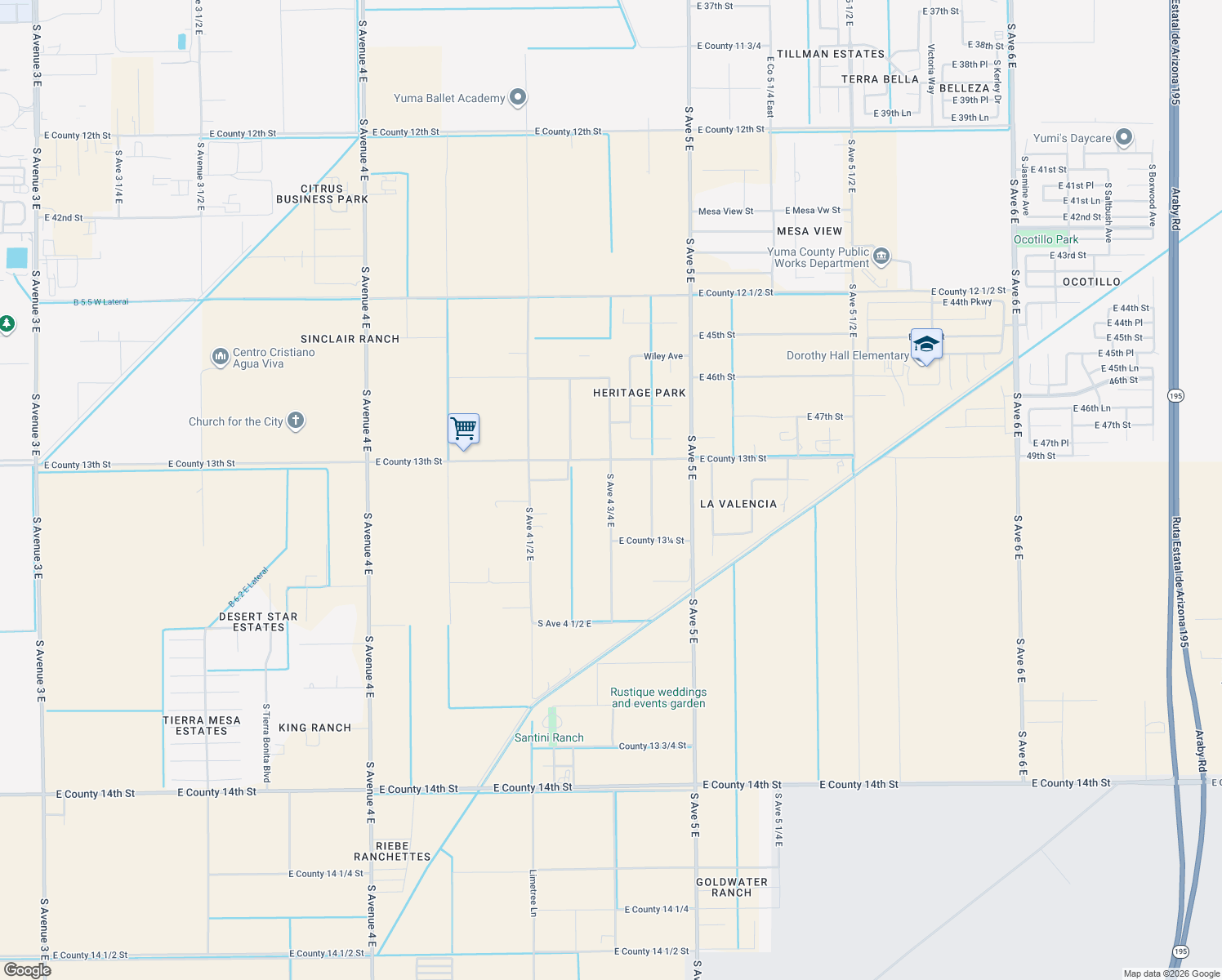 map of restaurants, bars, coffee shops, grocery stores, and more near 13123 S Ave 4 3/4 E in Yuma