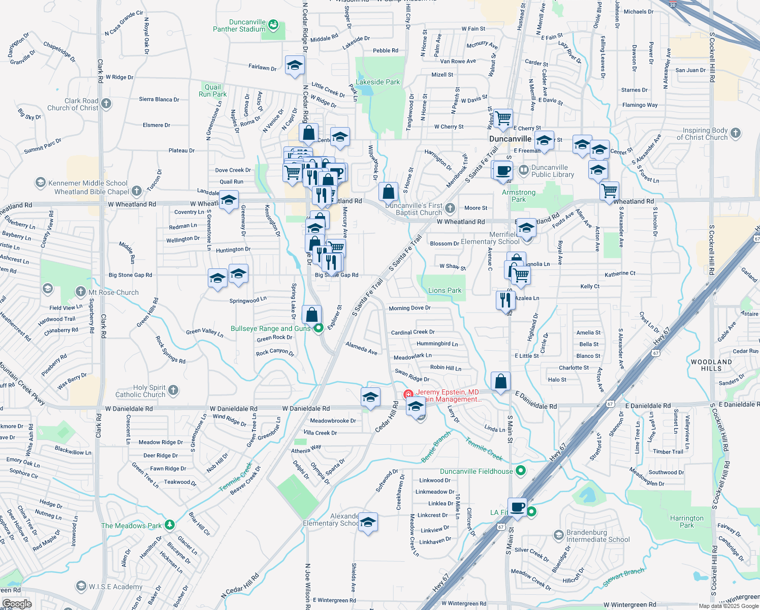map of restaurants, bars, coffee shops, grocery stores, and more near 1122 San Miguel Drive in Duncanville