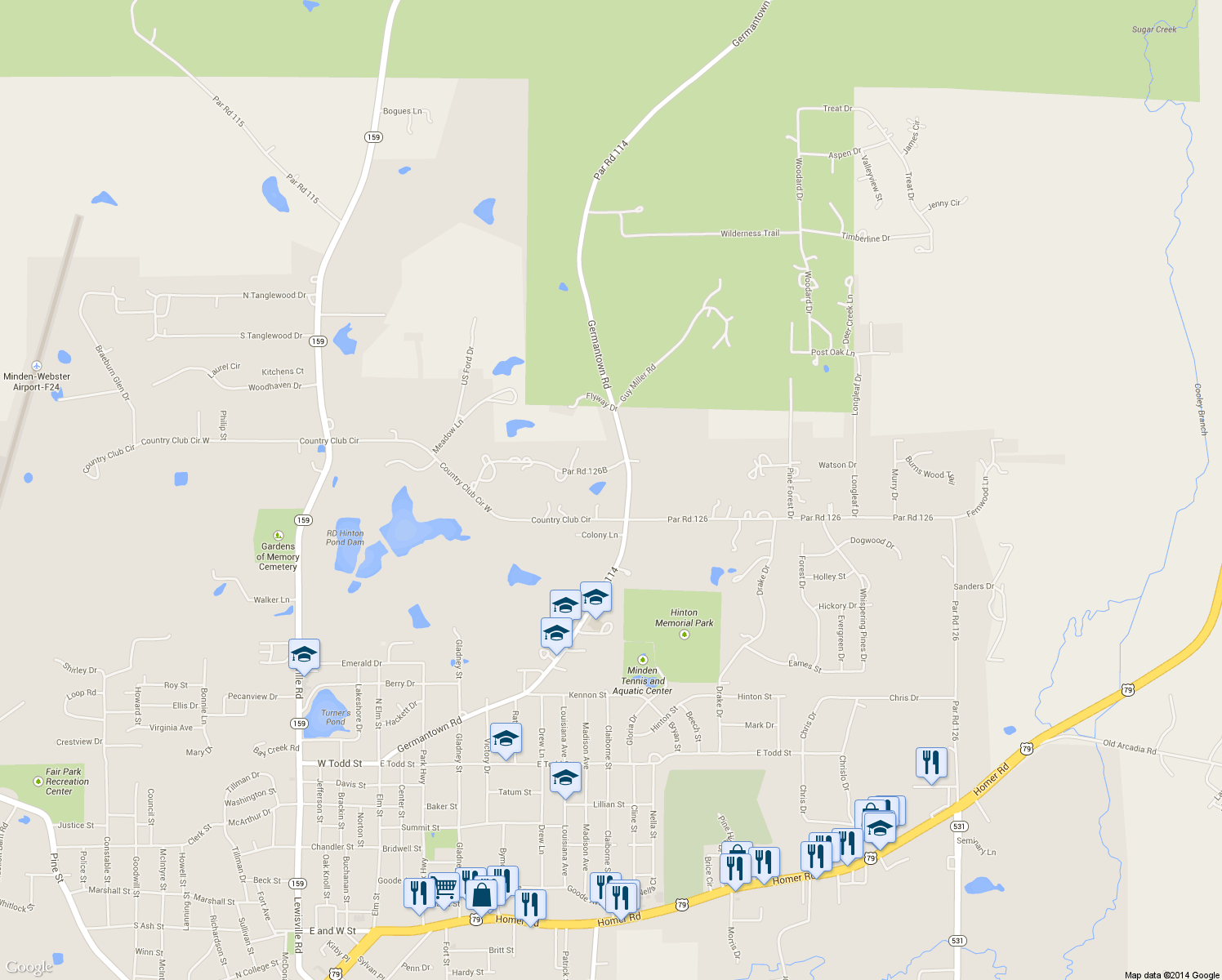 map of restaurants, bars, coffee shops, grocery stores, and more near 805 Germantown Road in Minden
