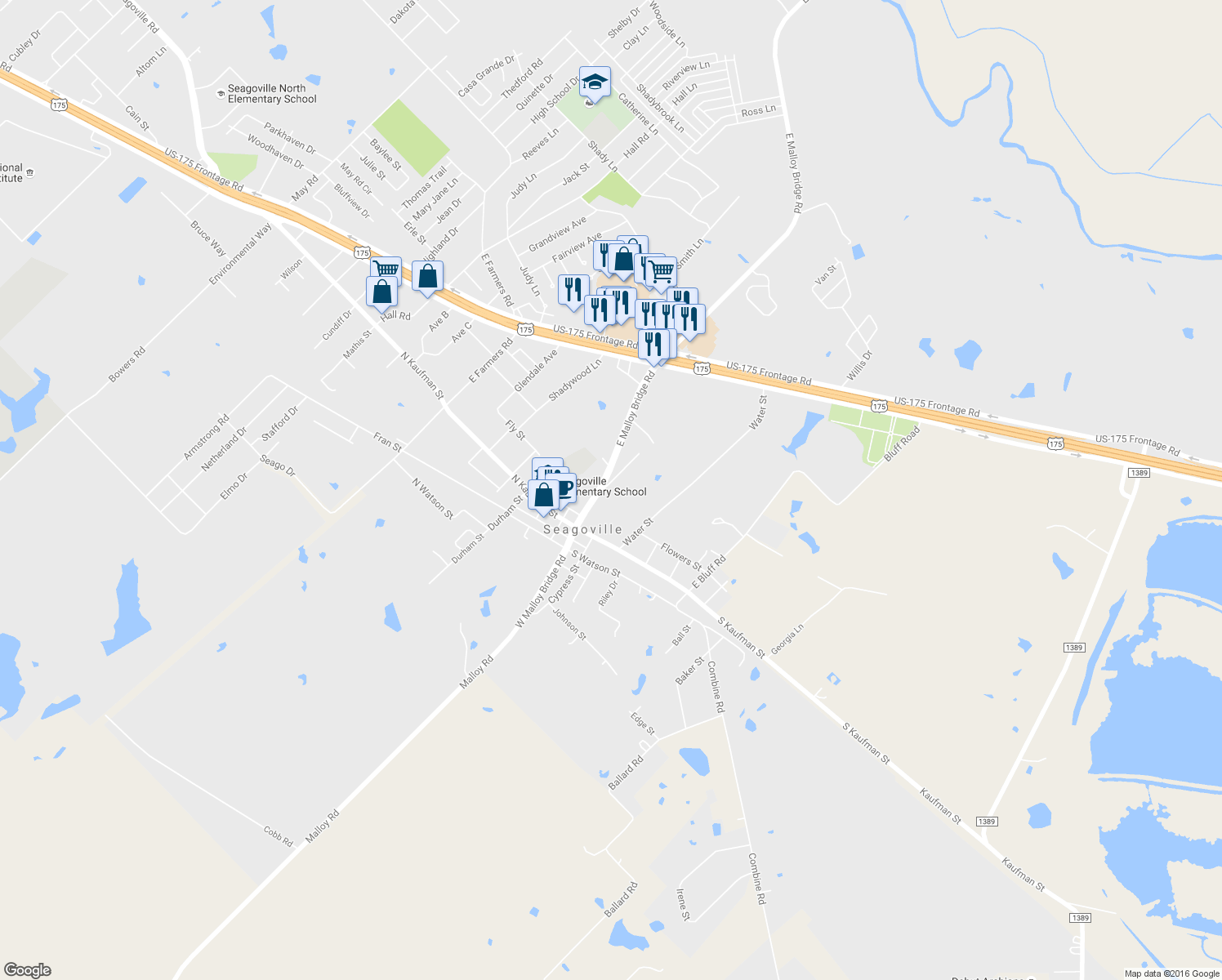 map of restaurants, bars, coffee shops, grocery stores, and more near 304 Lakey Road in Seagoville