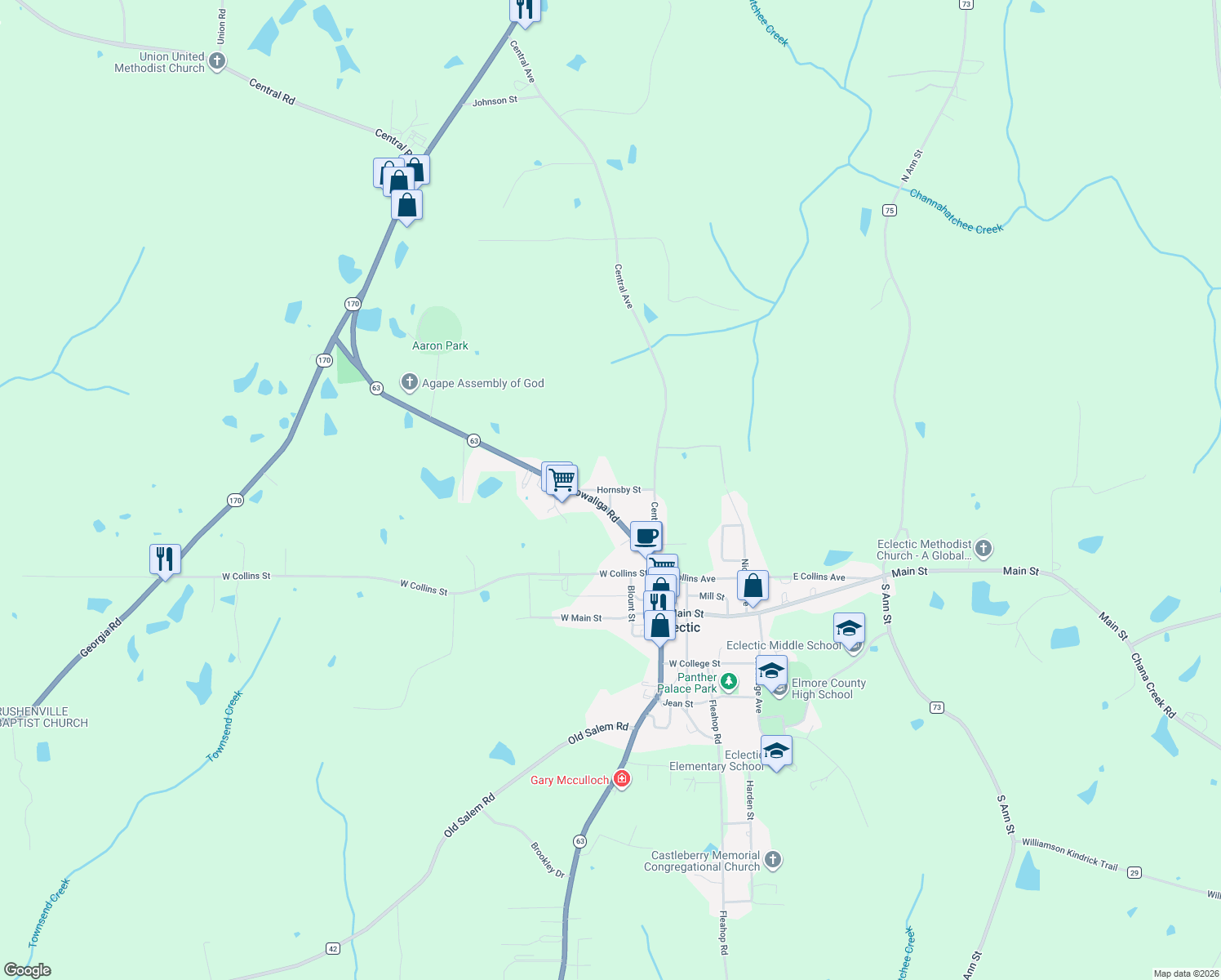map of restaurants, bars, coffee shops, grocery stores, and more near Hornsby St in Eclectic