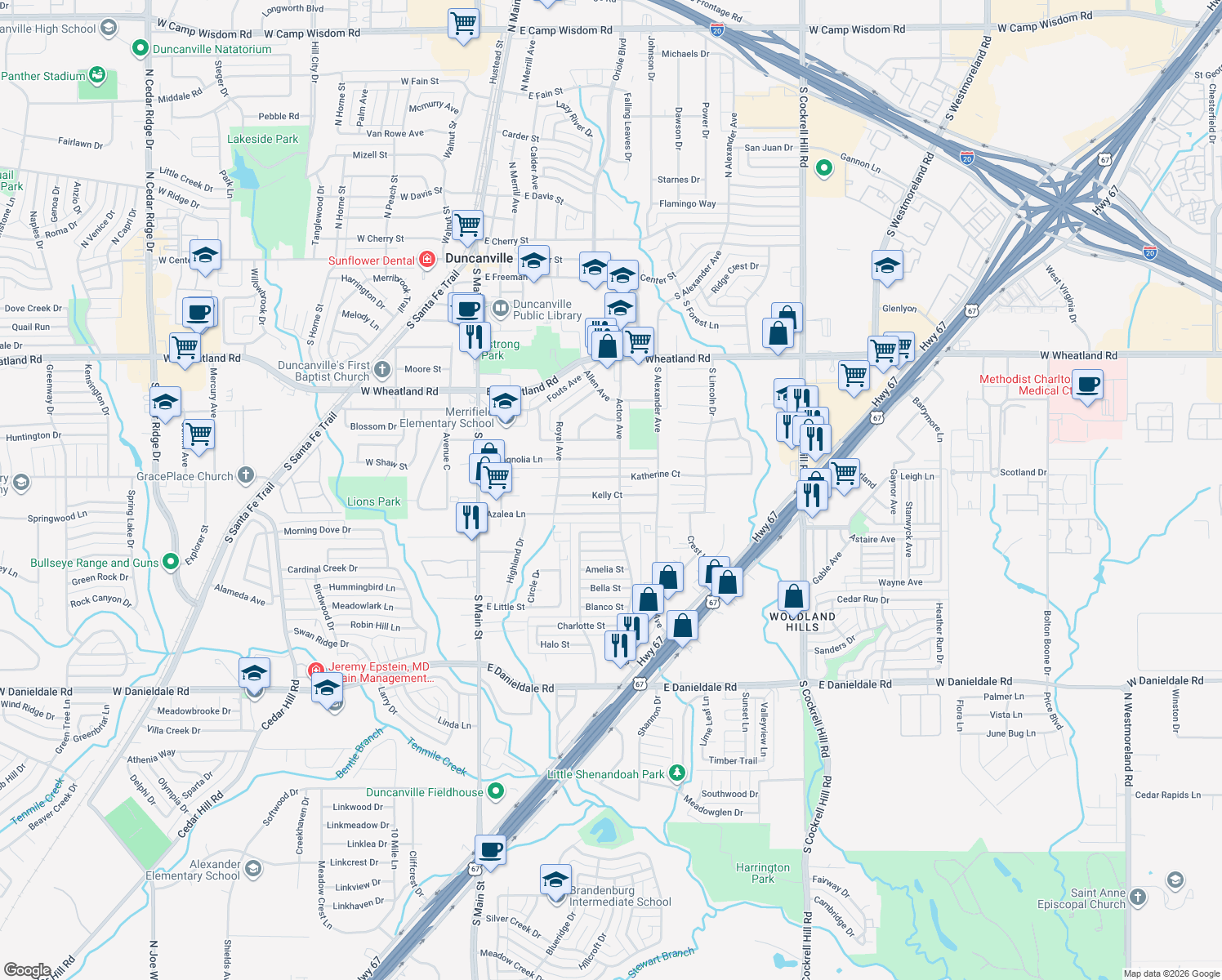 map of restaurants, bars, coffee shops, grocery stores, and more near 447 Kelly Court in Duncanville