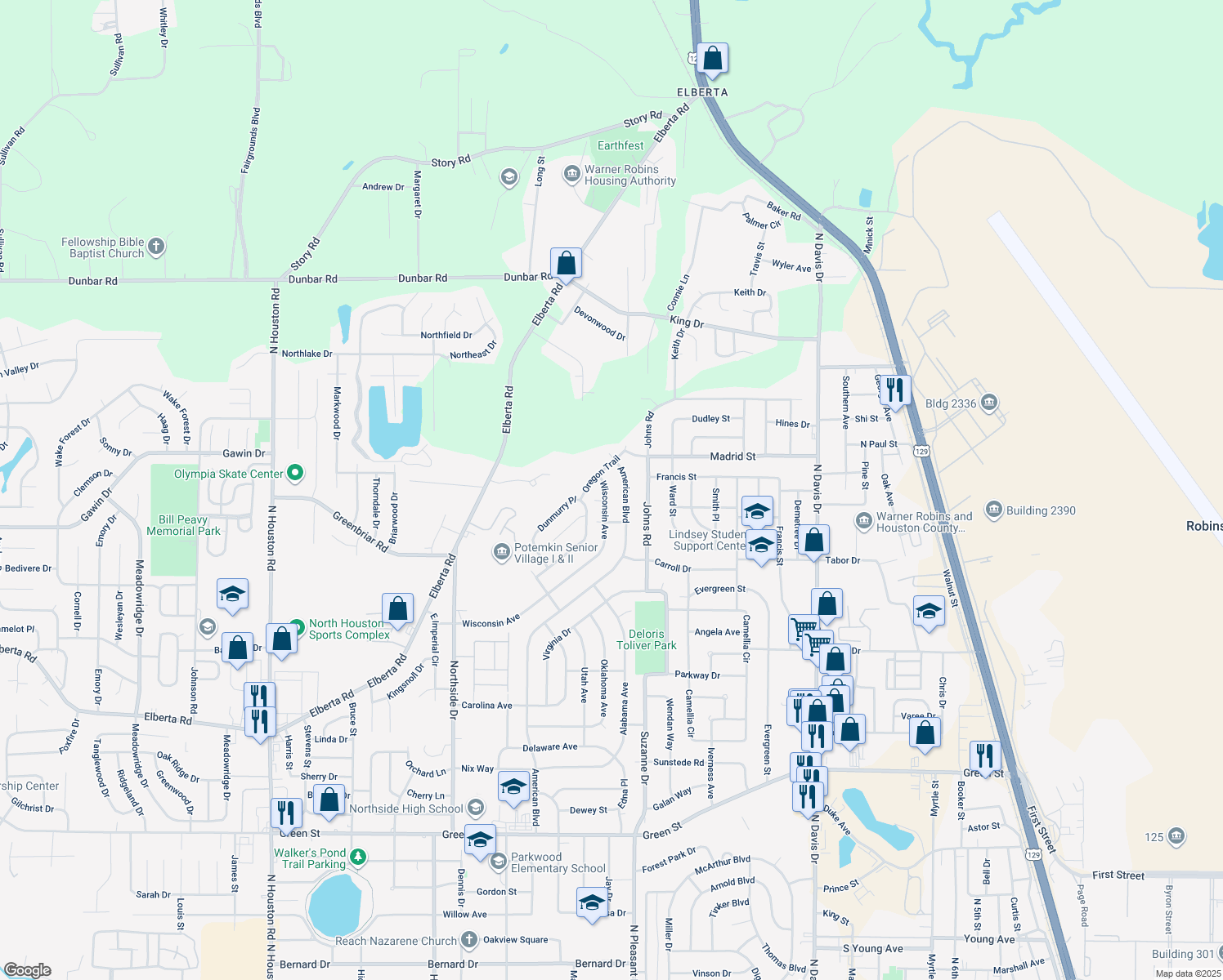 map of restaurants, bars, coffee shops, grocery stores, and more near 410 Wisconsin Avenue in Warner Robins
