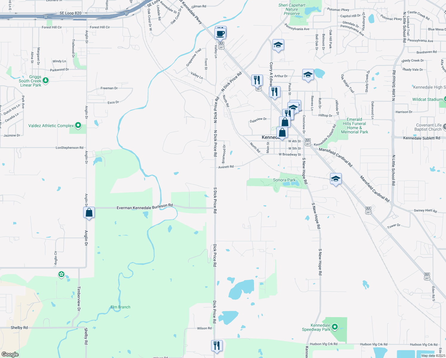 map of restaurants, bars, coffee shops, grocery stores, and more near 211 S Dick Price Rd in Kennedale