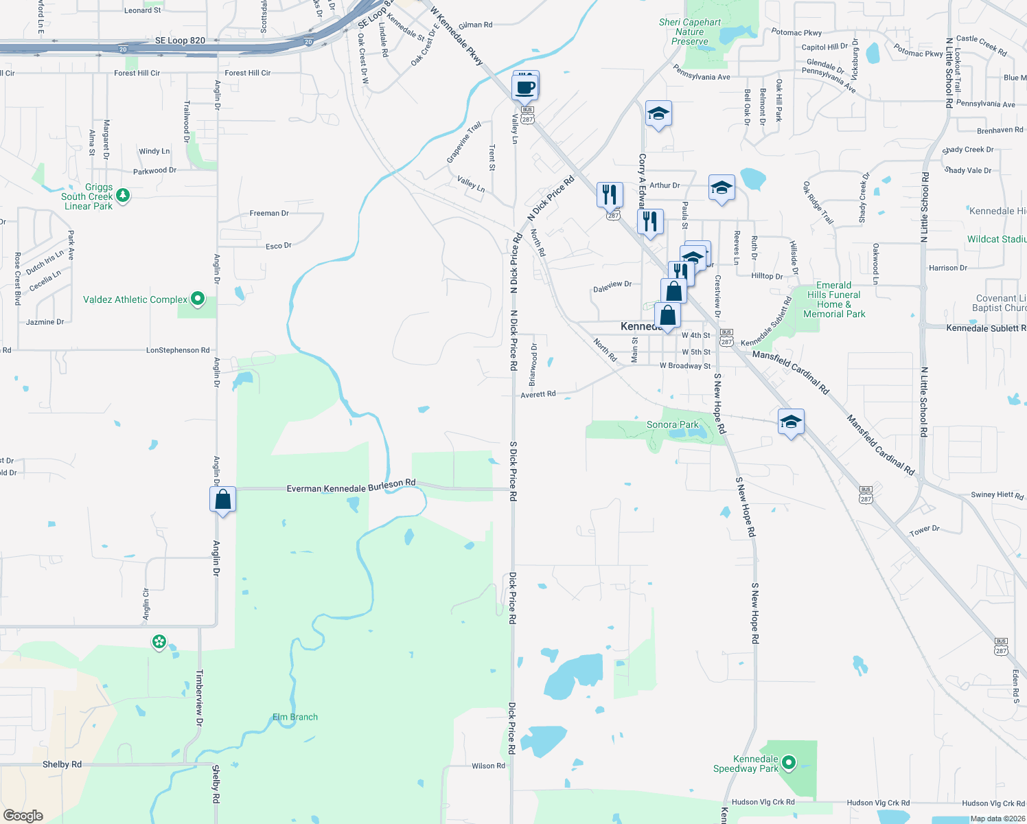 map of restaurants, bars, coffee shops, grocery stores, and more near 206 S Dick Price Rd in Kennedale