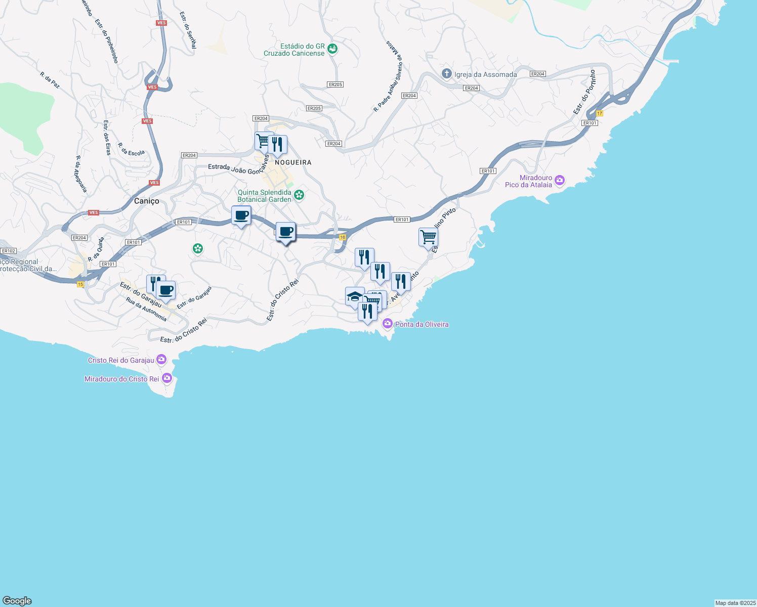 map of restaurants, bars, coffee shops, grocery stores, and more near Rua Dom Francisco Santana in Caniço