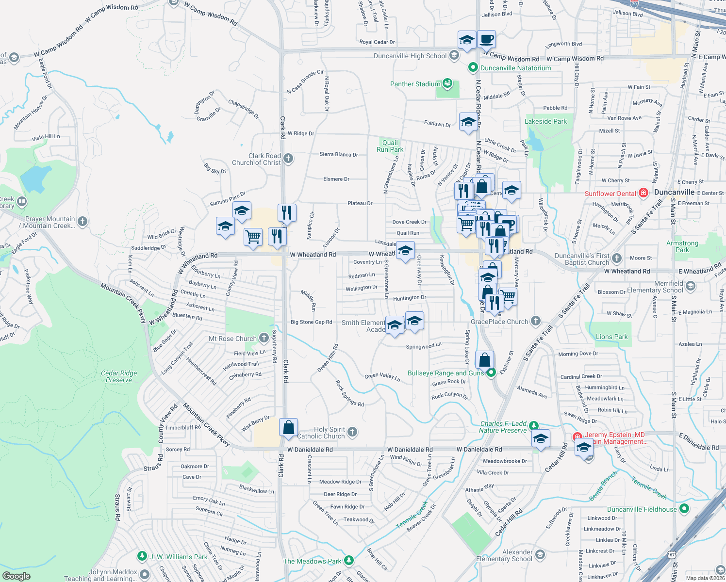 map of restaurants, bars, coffee shops, grocery stores, and more near 1202 Wellington Drive in Duncanville