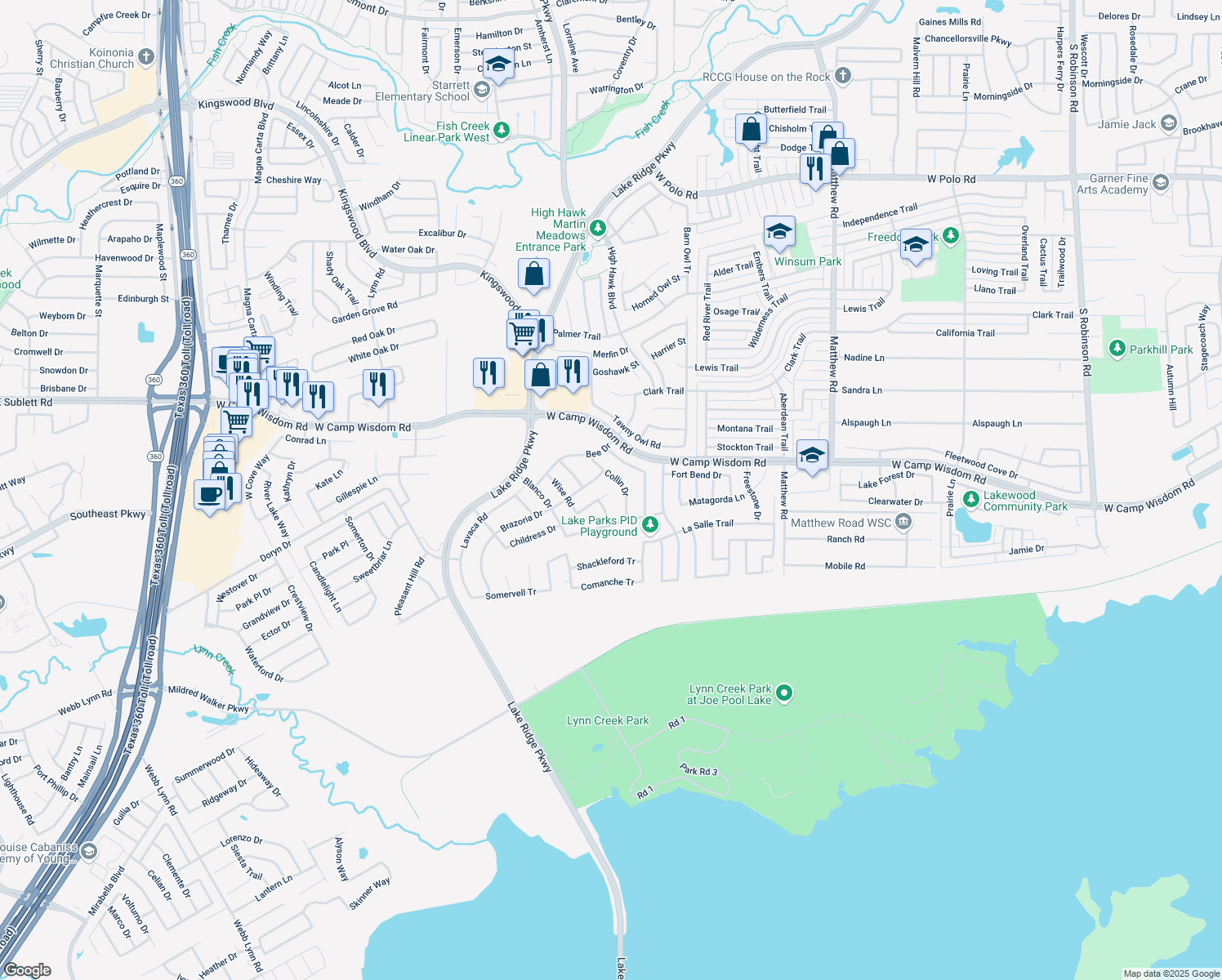 map of restaurants, bars, coffee shops, grocery stores, and more near 5303 Hockley Drive in Grand Prairie