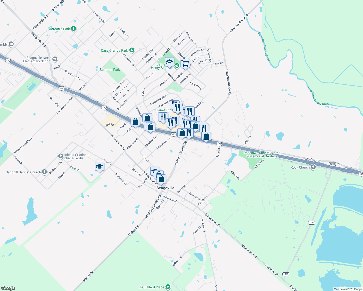 map of restaurants, bars, coffee shops, grocery stores, and more near 407 E Malloy Bridge Rd in Seagoville