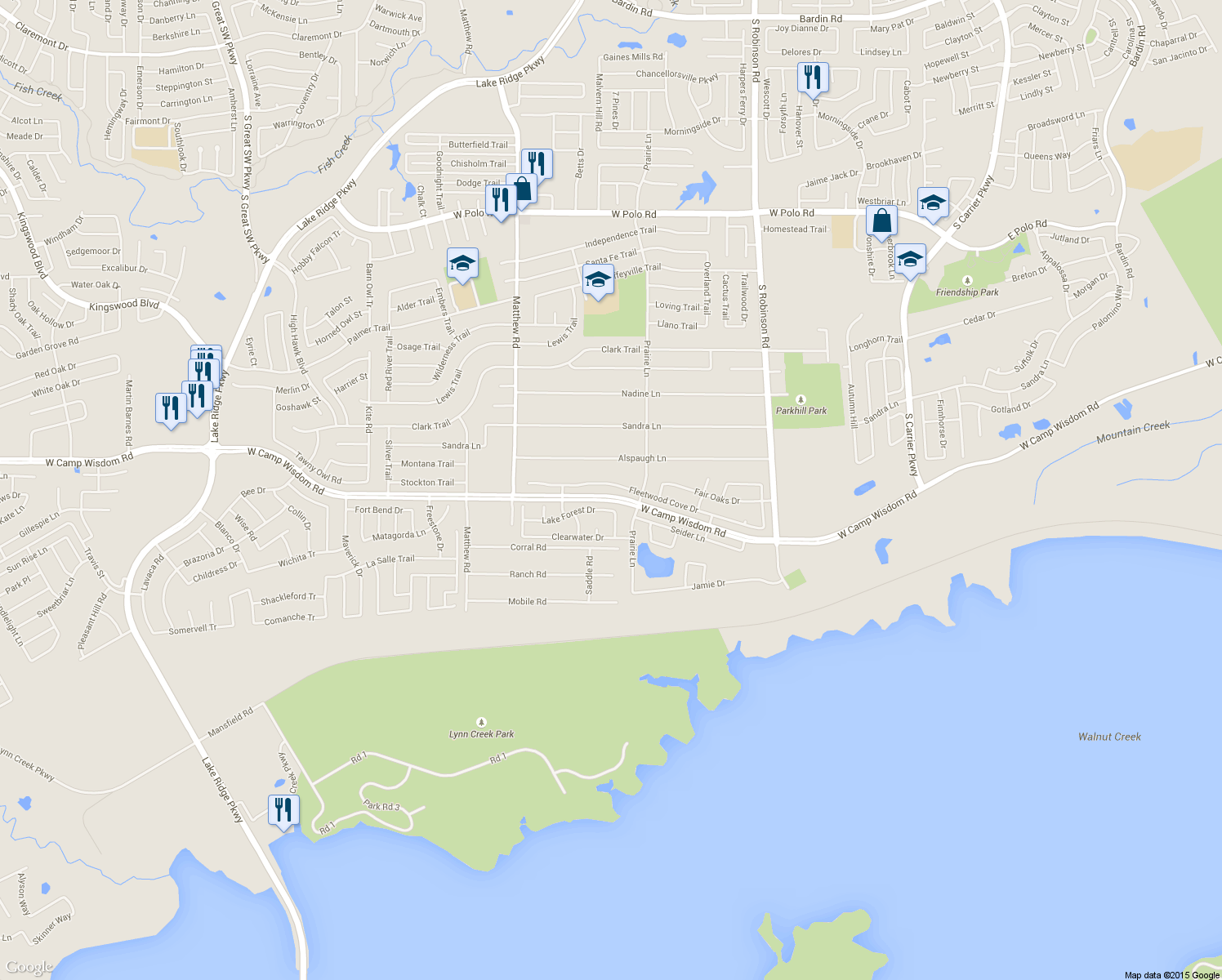 map of restaurants, bars, coffee shops, grocery stores, and more near 1227 Fleetwood Cove Drive in Grand Prairie