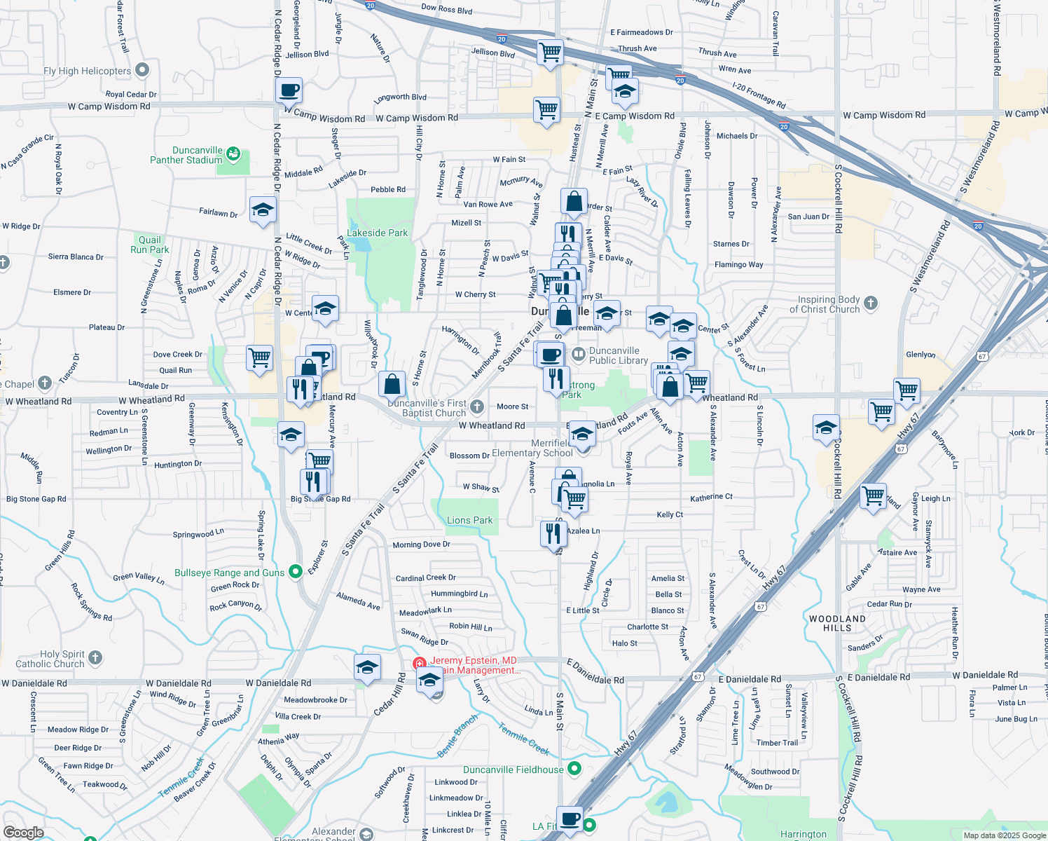 map of restaurants, bars, coffee shops, grocery stores, and more near 211 W Wheatland Rd in Duncanville
