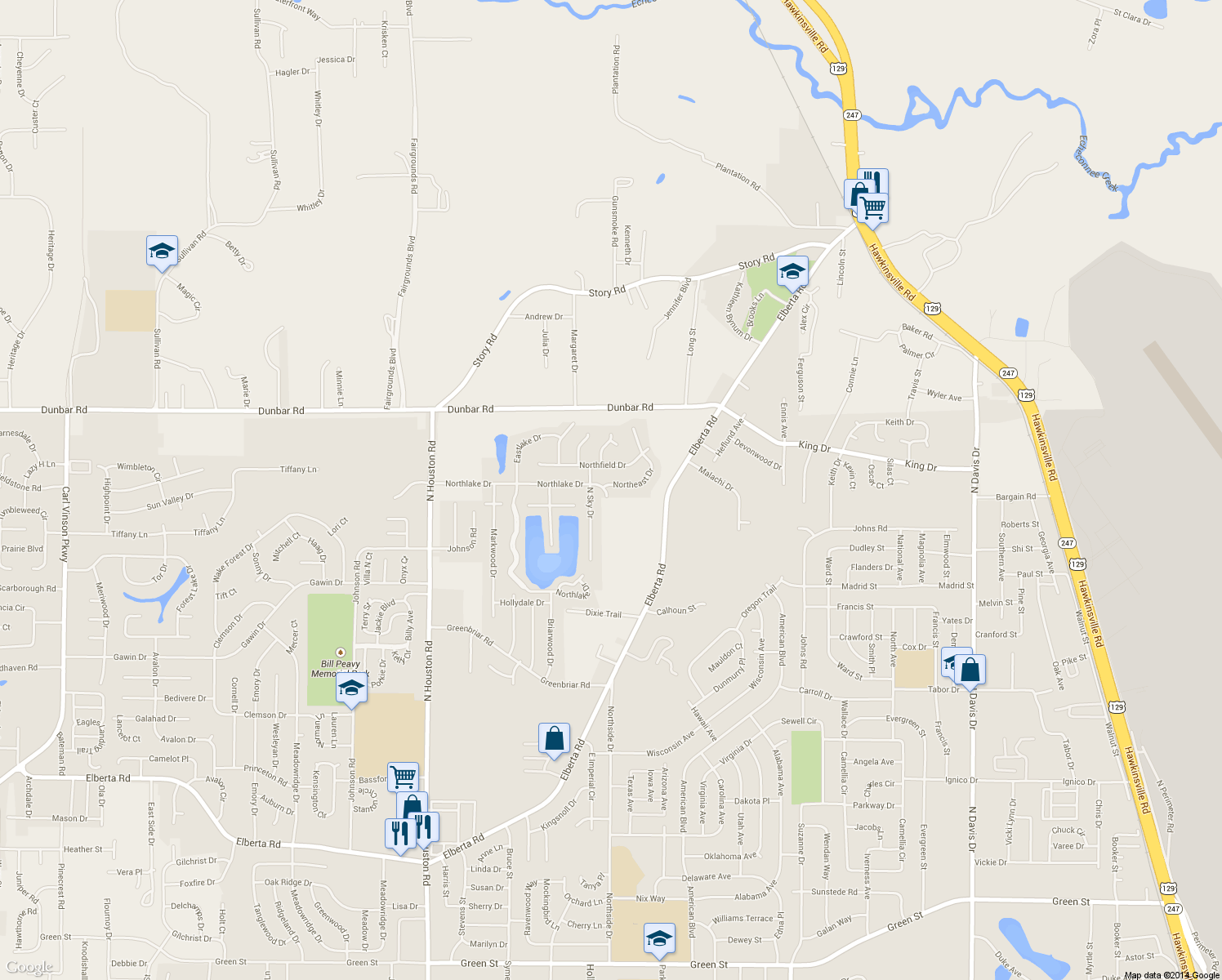 map of restaurants, bars, coffee shops, grocery stores, and more near 100 Northeast Drive in Warner Robins