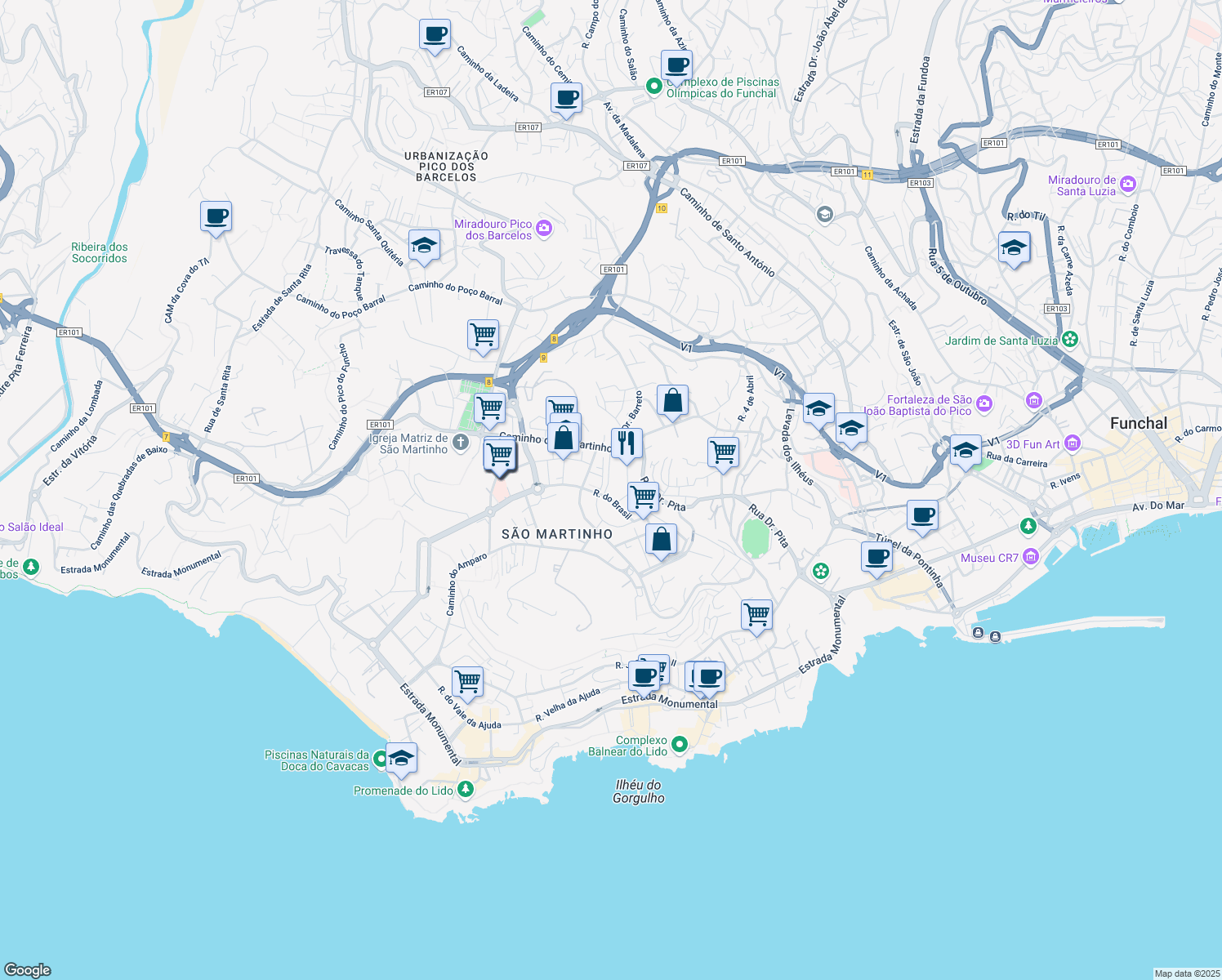 map of restaurants, bars, coffee shops, grocery stores, and more near 4 Caminho do Avista Navios in Funchal