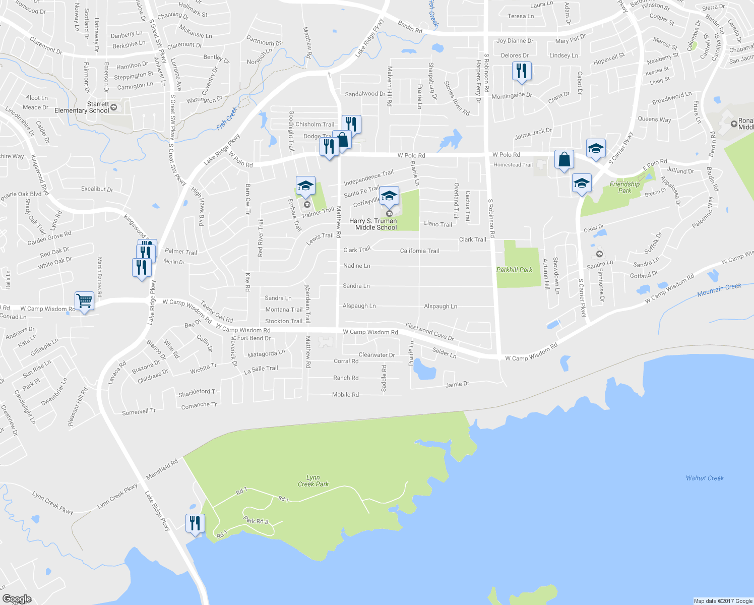 map of restaurants, bars, coffee shops, grocery stores, and more near 1418 Alspaugh Lane in Grand Prairie