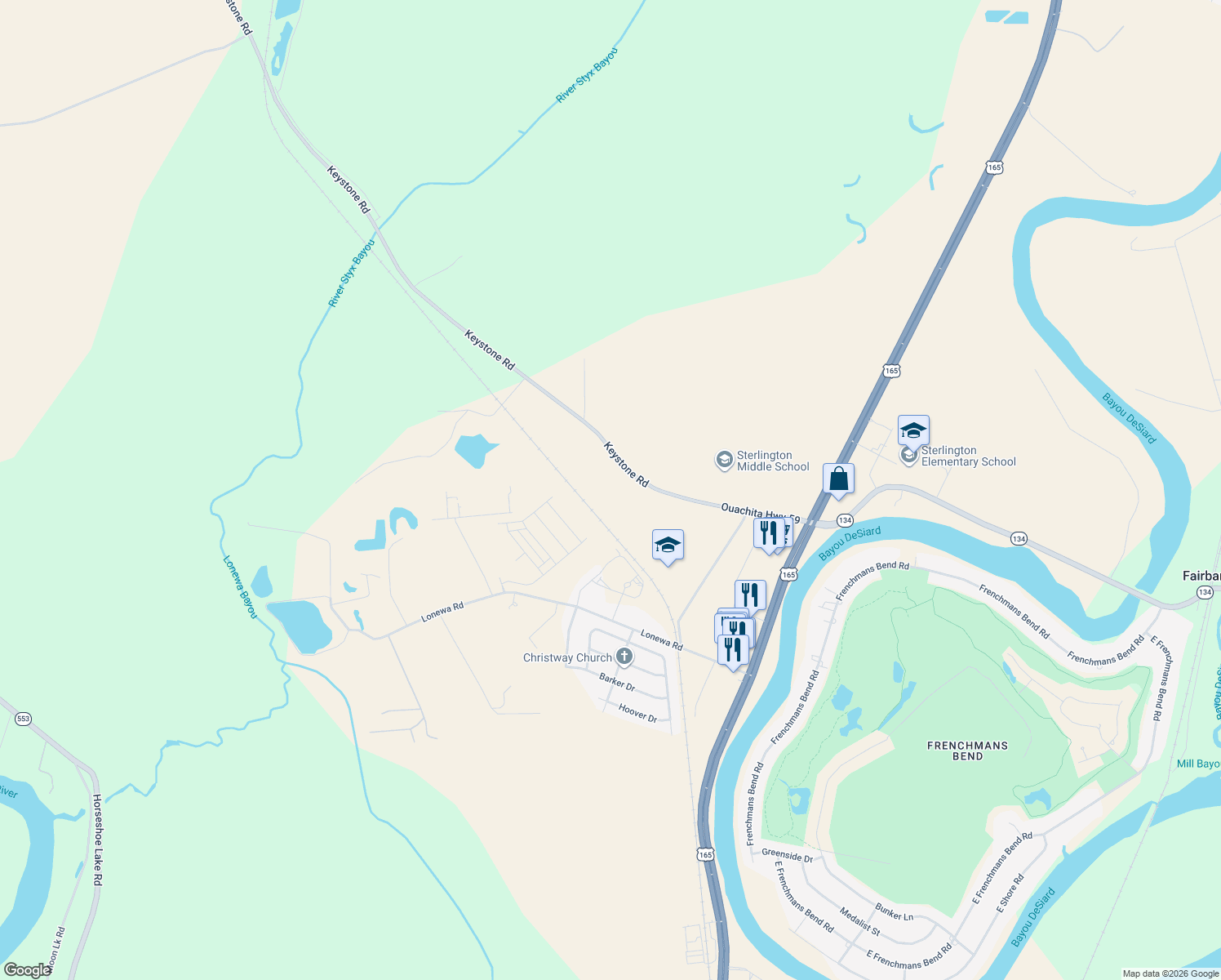 map of restaurants, bars, coffee shops, grocery stores, and more near 401 Keystone Rd in Monroe