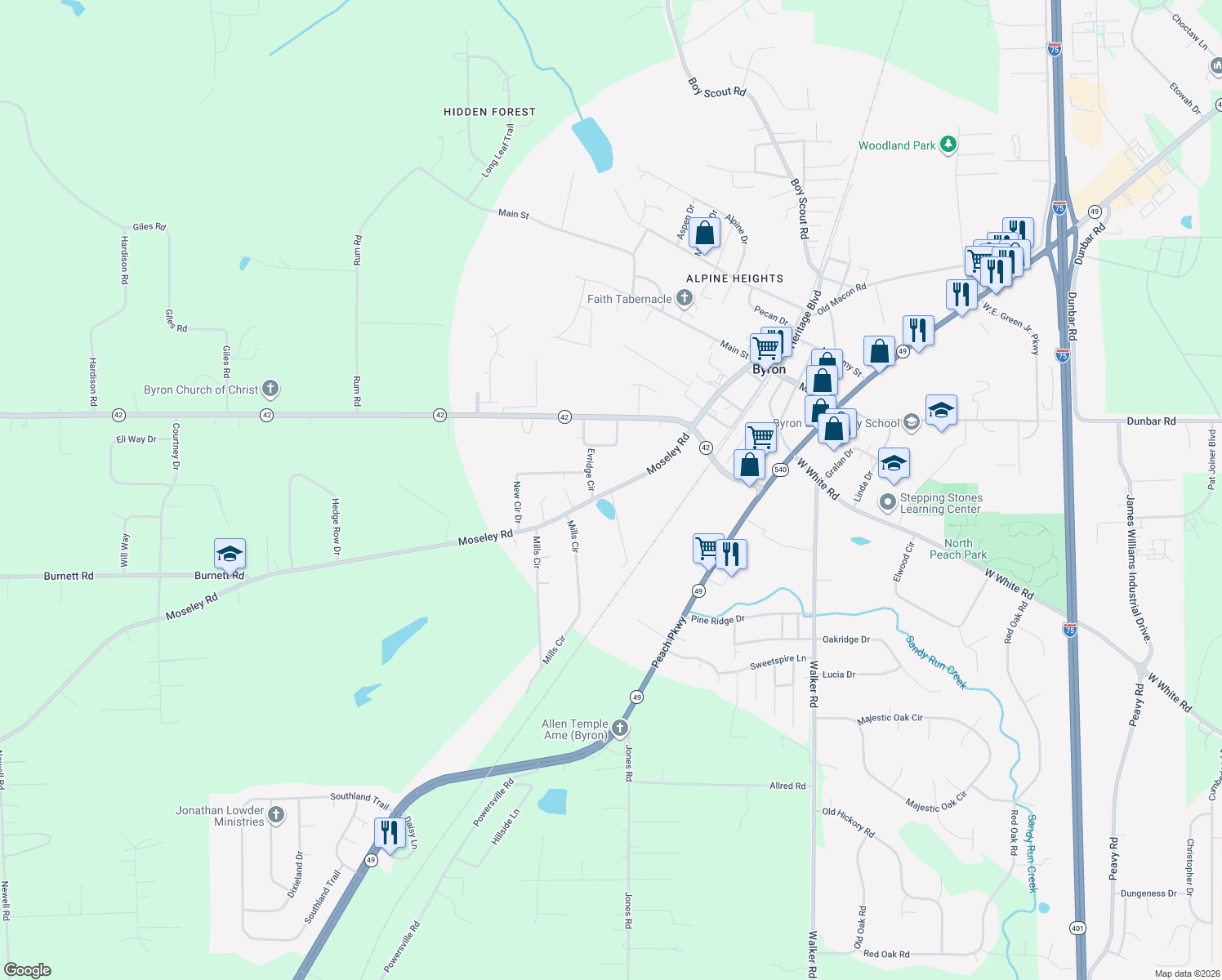 map of restaurants, bars, coffee shops, grocery stores, and more near 498 Moseley Road in Byron