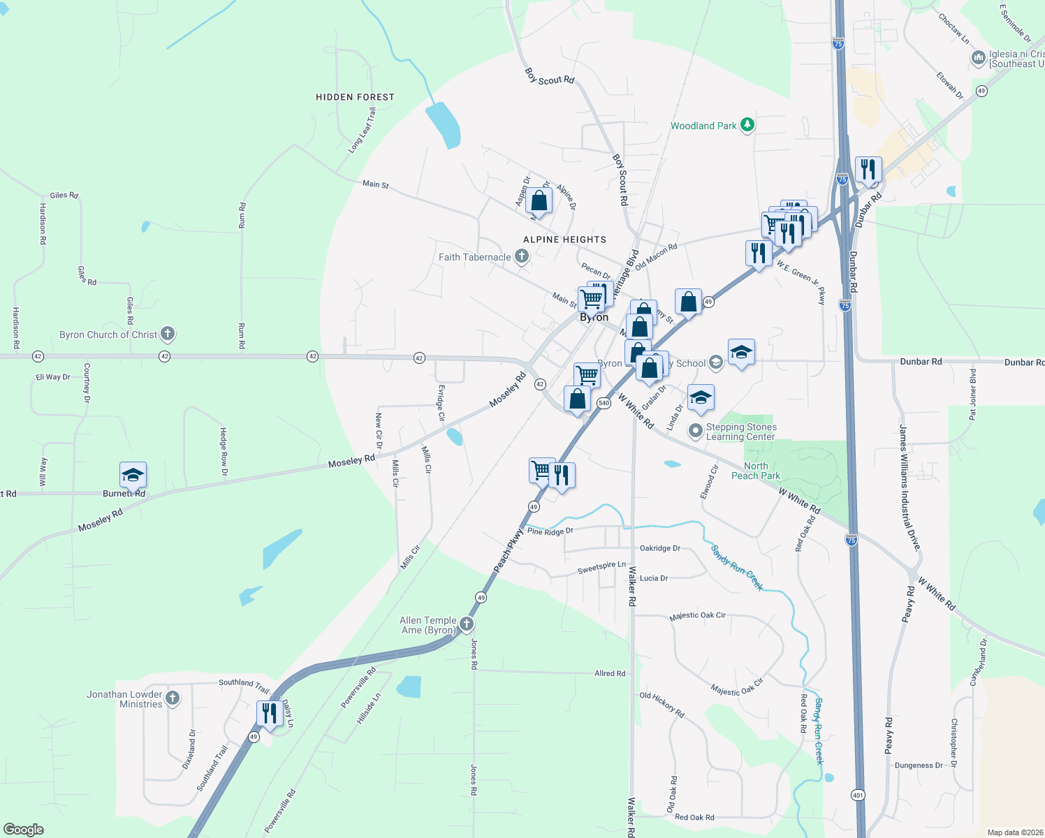 map of restaurants, bars, coffee shops, grocery stores, and more near West Railroad Street in Byron