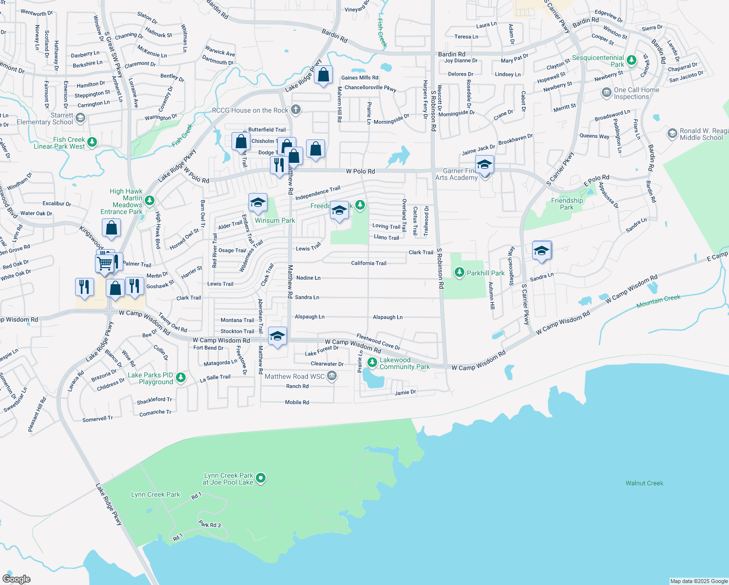 map of restaurants, bars, coffee shops, grocery stores, and more near 1202 Sandra Lane in Grand Prairie