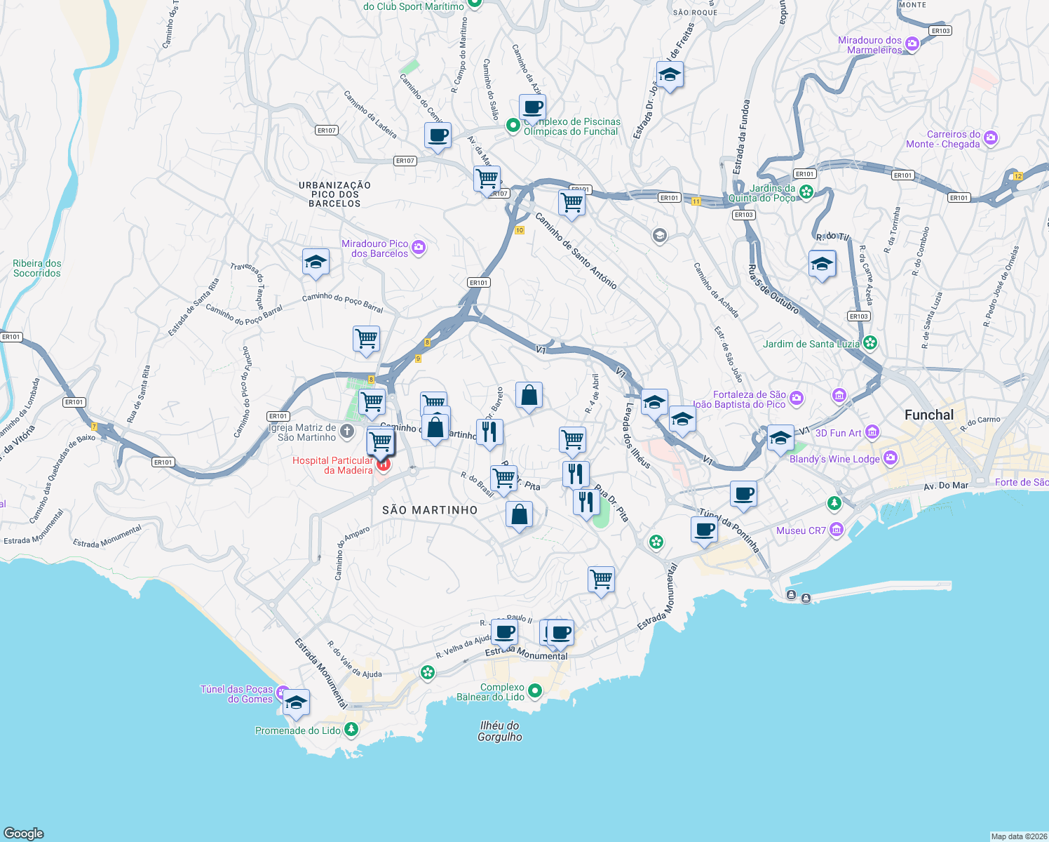 map of restaurants, bars, coffee shops, grocery stores, and more near 43 Caminho das Virtudes in Funchal
