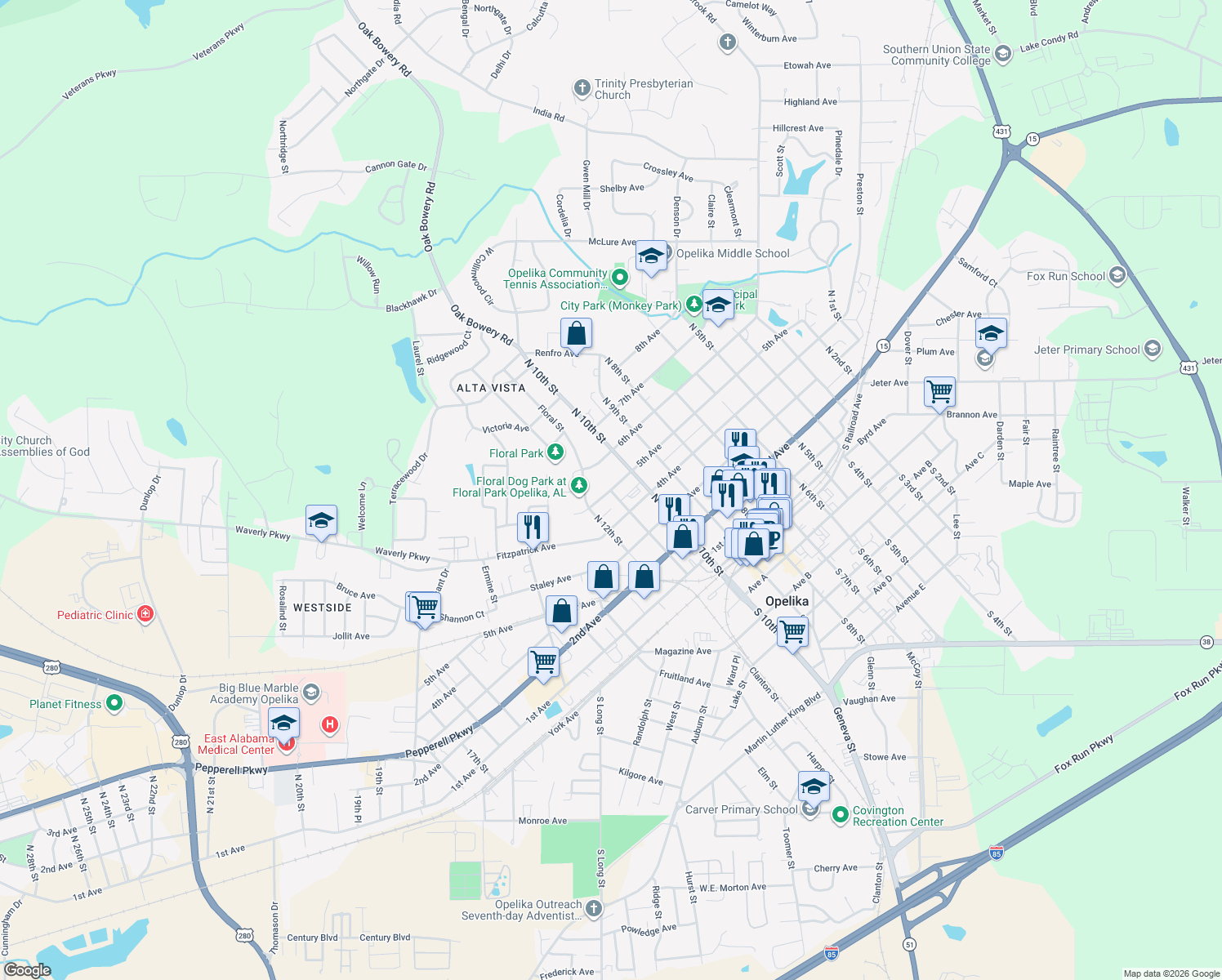 map of restaurants, bars, coffee shops, grocery stores, and more near 1098 5th Ave in Opelika