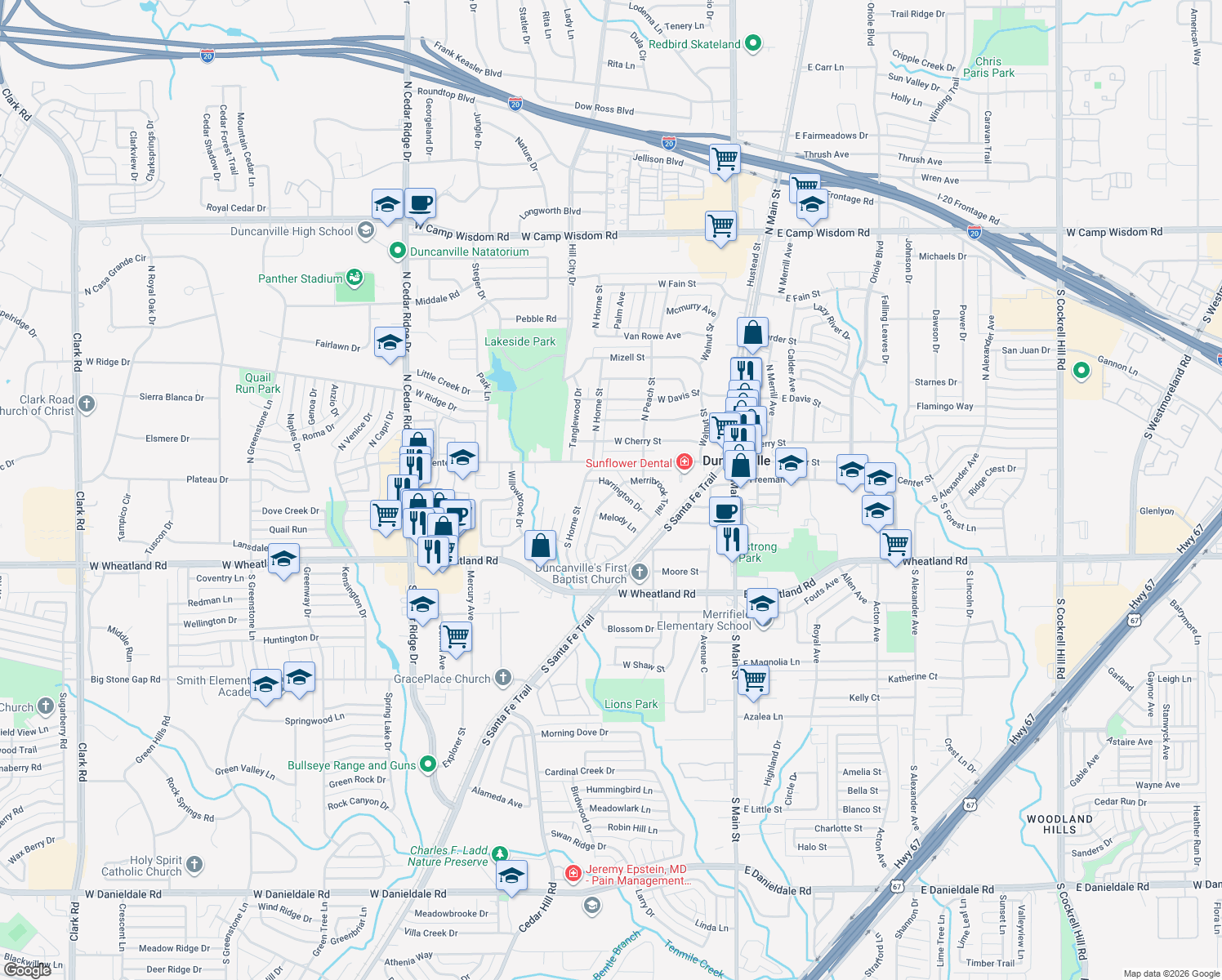 map of restaurants, bars, coffee shops, grocery stores, and more near 324 Harrington Drive in Duncanville