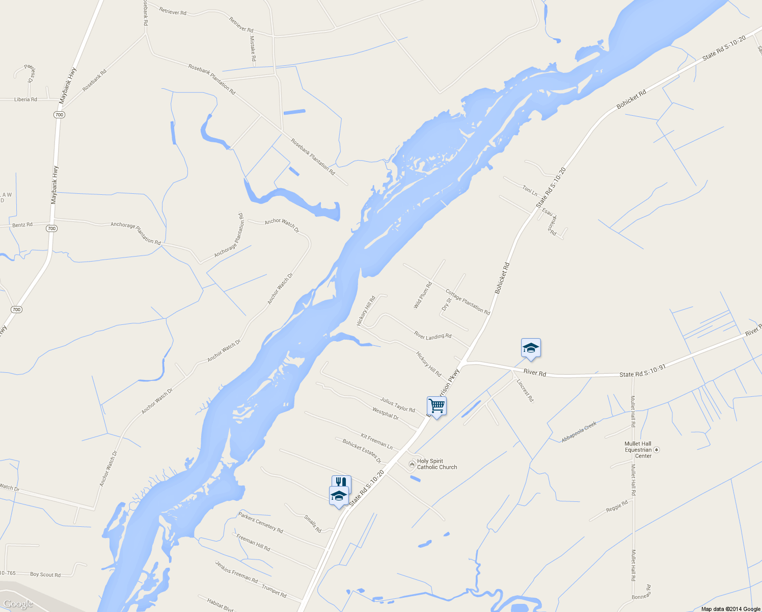 map of restaurants, bars, coffee shops, grocery stores, and more near 3344 River Landing Road in Johns Island