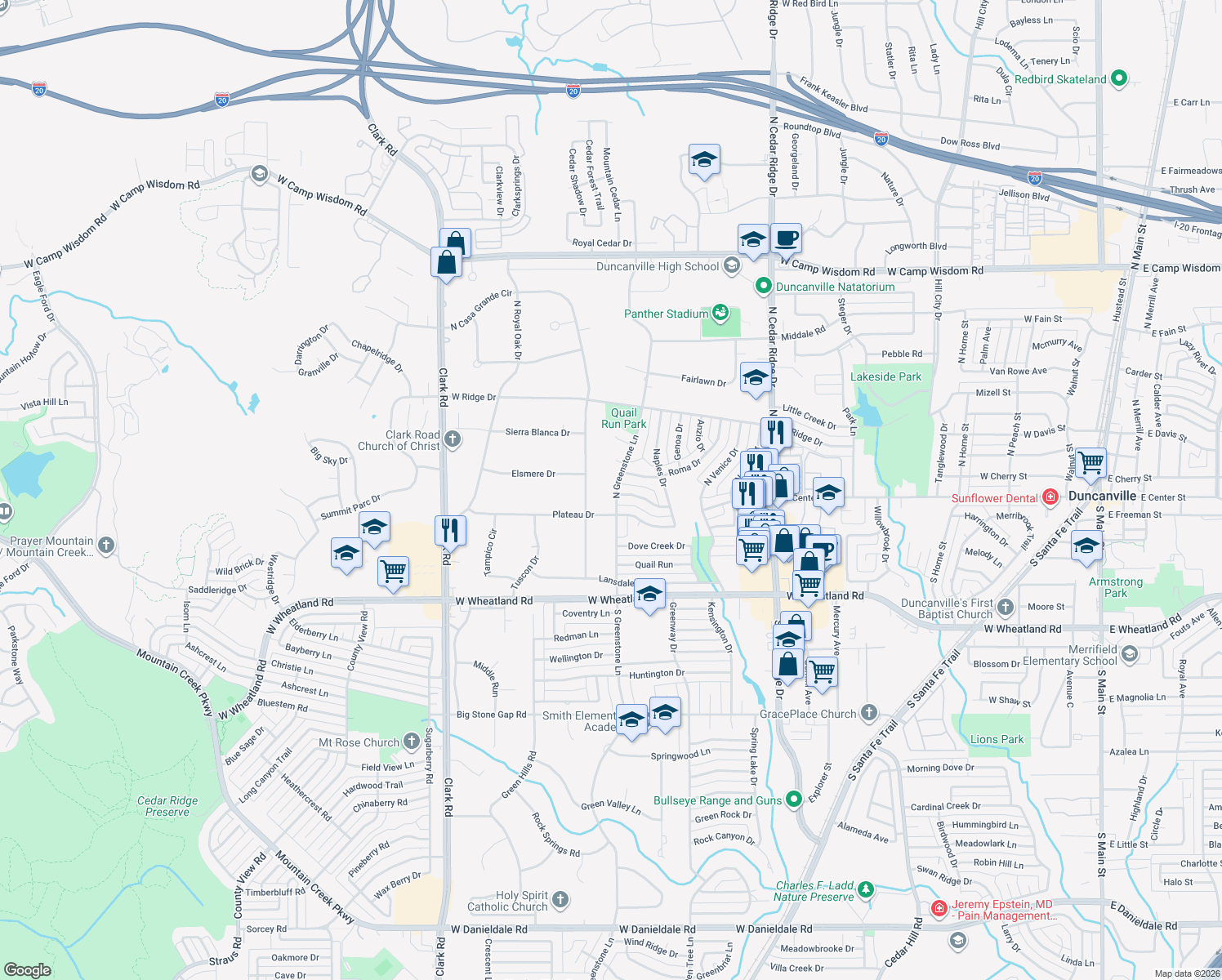 map of restaurants, bars, coffee shops, grocery stores, and more near 135 North Greenstone Lane in Duncanville