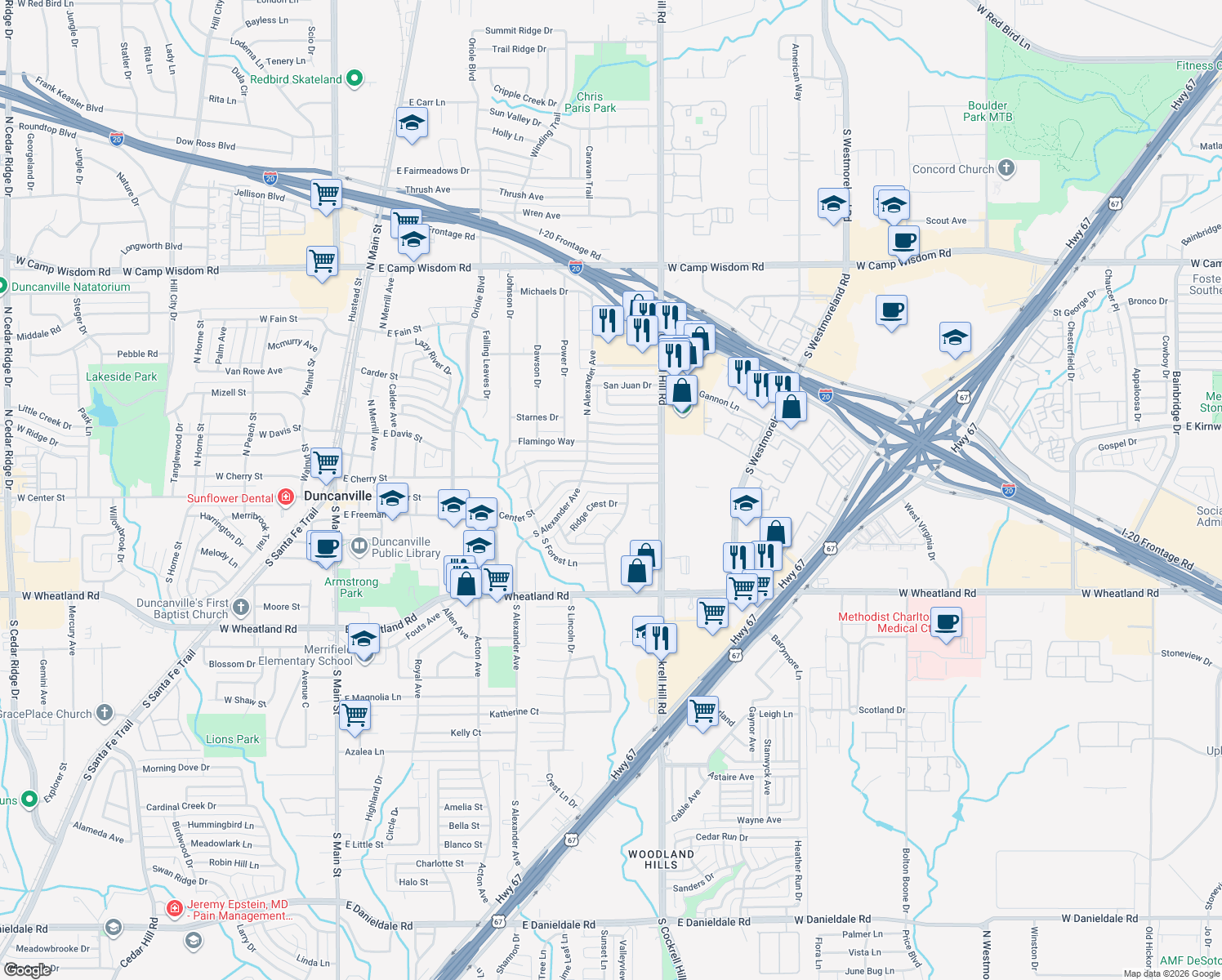 map of restaurants, bars, coffee shops, grocery stores, and more near 728 East Center Street in Duncanville