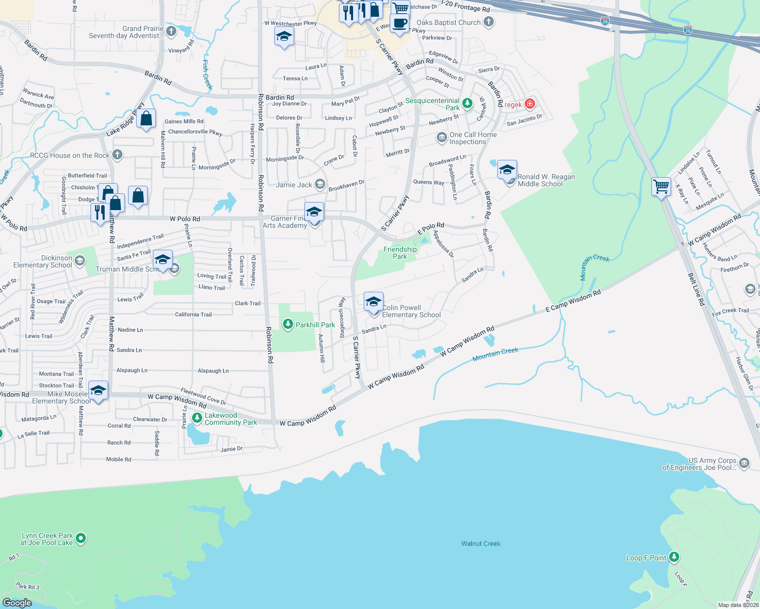 map of restaurants, bars, coffee shops, grocery stores, and more near 4925 South Carrier Parkway in Grand Prairie