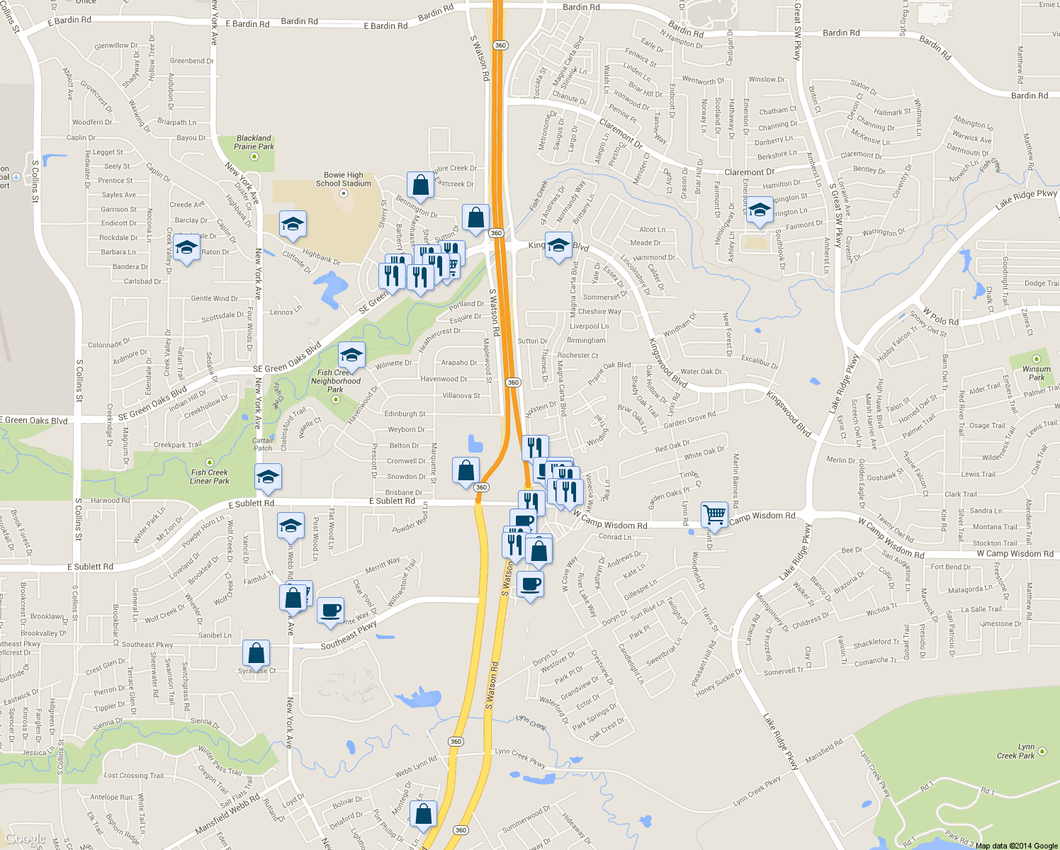 map of restaurants, bars, coffee shops, grocery stores, and more near Prairie Ranch Drive in Grand Prairie