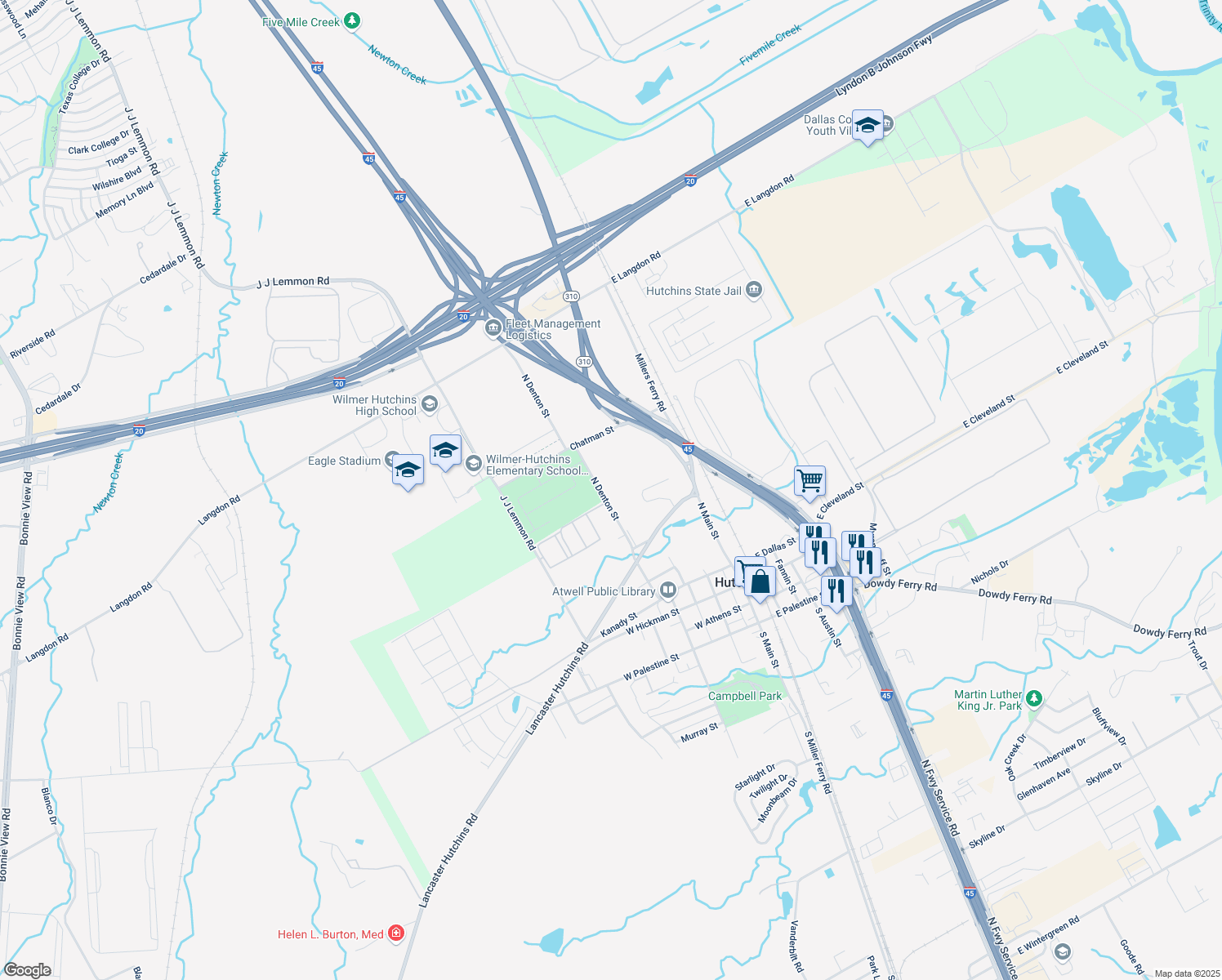 map of restaurants, bars, coffee shops, grocery stores, and more near 600 North Denton Street in Hutchins