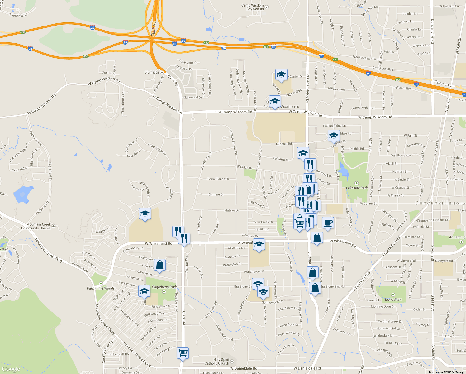 map of restaurants, bars, coffee shops, grocery stores, and more near 211 N Casa Grande Cir in Duncanville