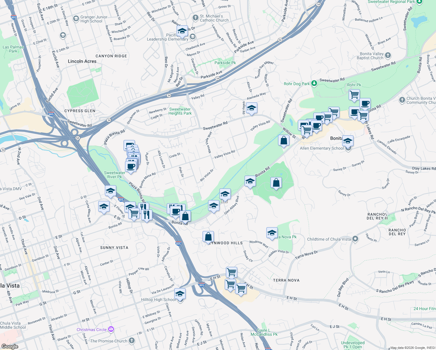 map of restaurants, bars, coffee shops, grocery stores, and more near 3859 Mesa Vista Way in Bonita