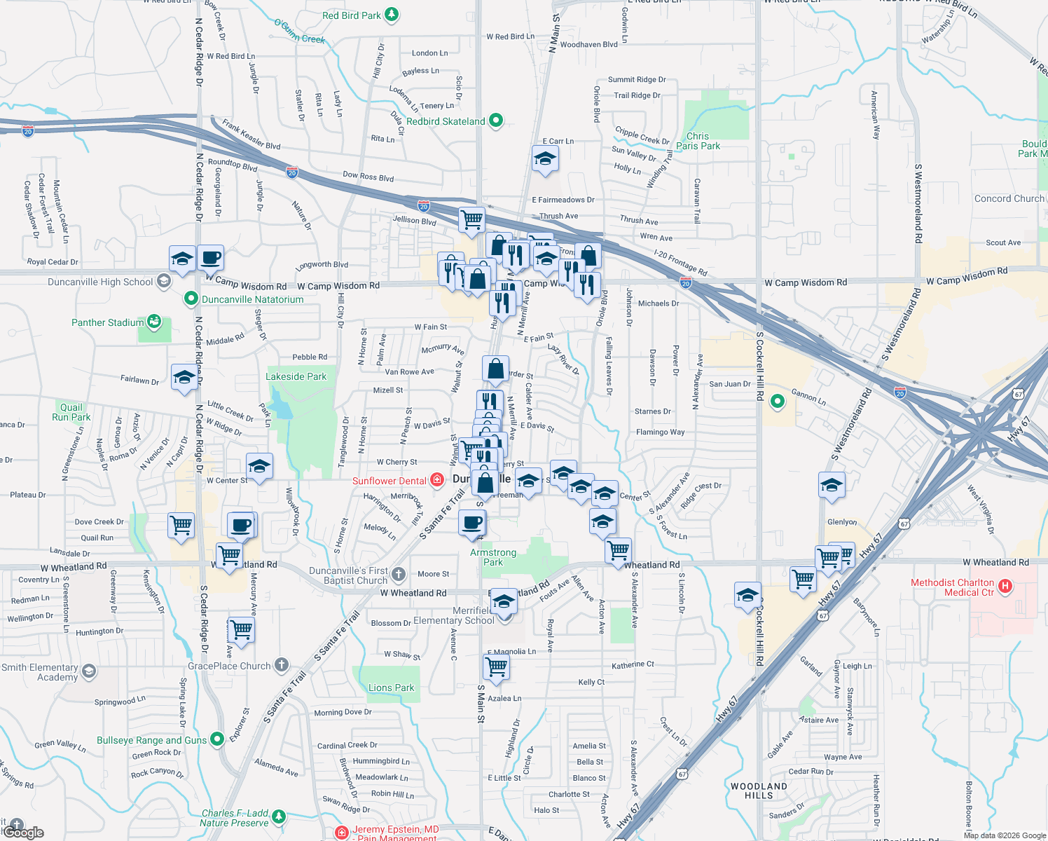 map of restaurants, bars, coffee shops, grocery stores, and more near 219 East Davis Street in Duncanville