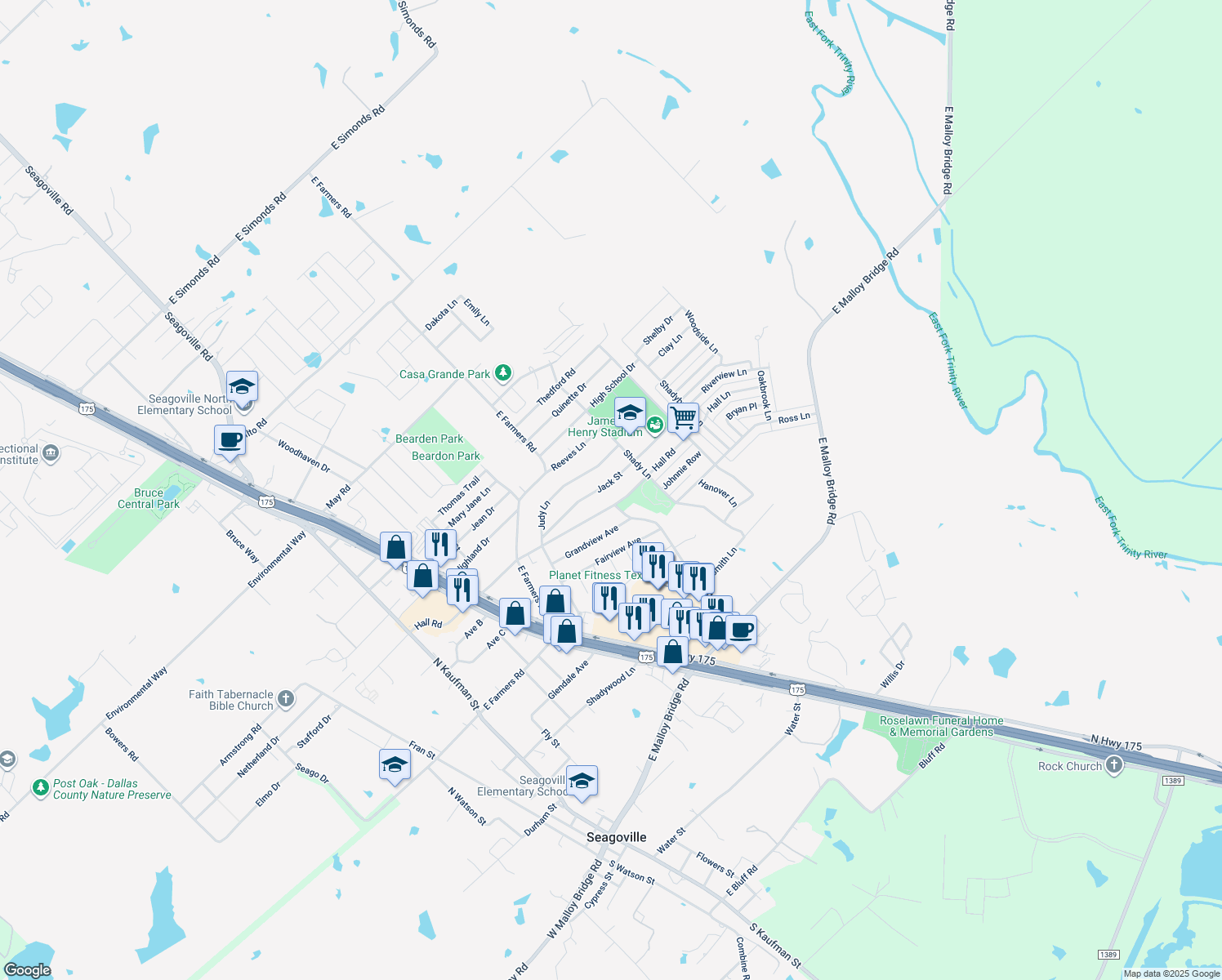 map of restaurants, bars, coffee shops, grocery stores, and more near 738 Jack St in Seagoville