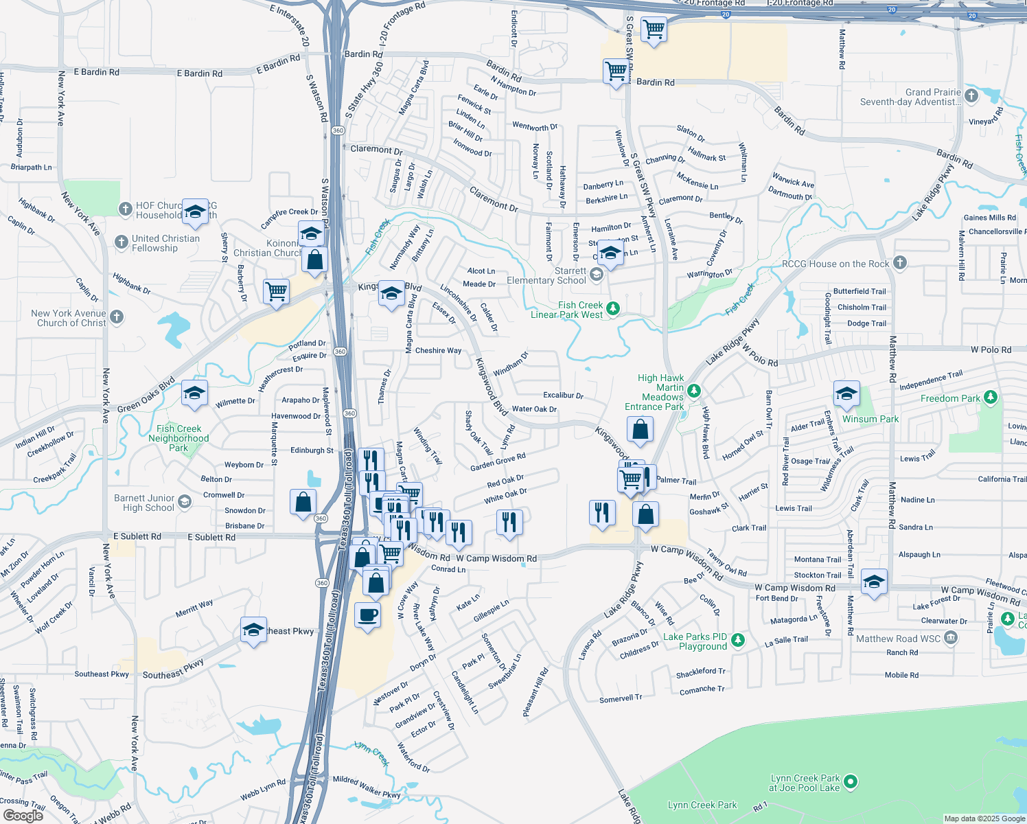 map of restaurants, bars, coffee shops, grocery stores, and more near 2758 Kingswood Boulevard in Grand Prairie
