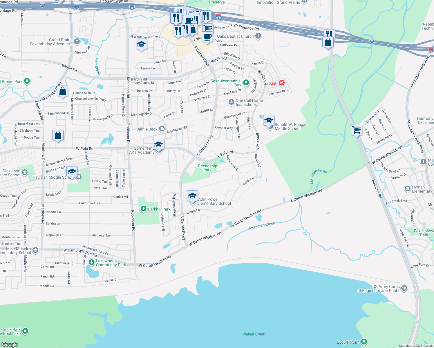 map of restaurants, bars, coffee shops, grocery stores, and more near 511 Breton Dr in Grand Prairie