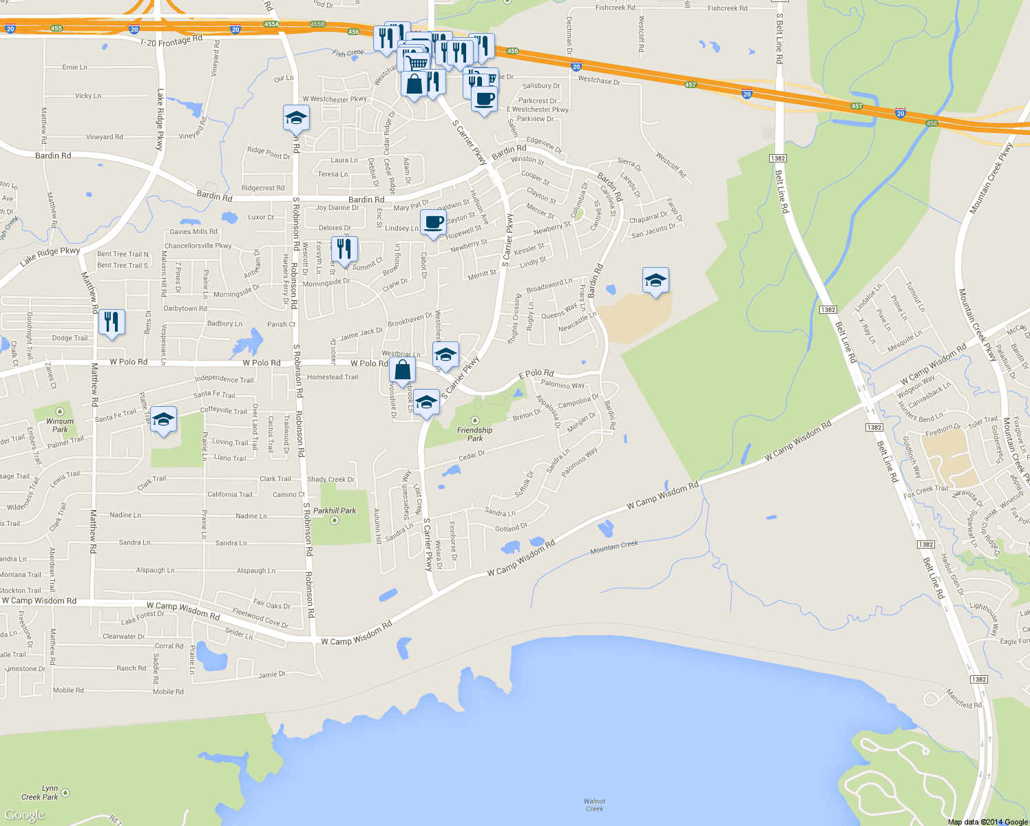 map of restaurants, bars, coffee shops, grocery stores, and more near 511 Breton Drive in Grand Prairie