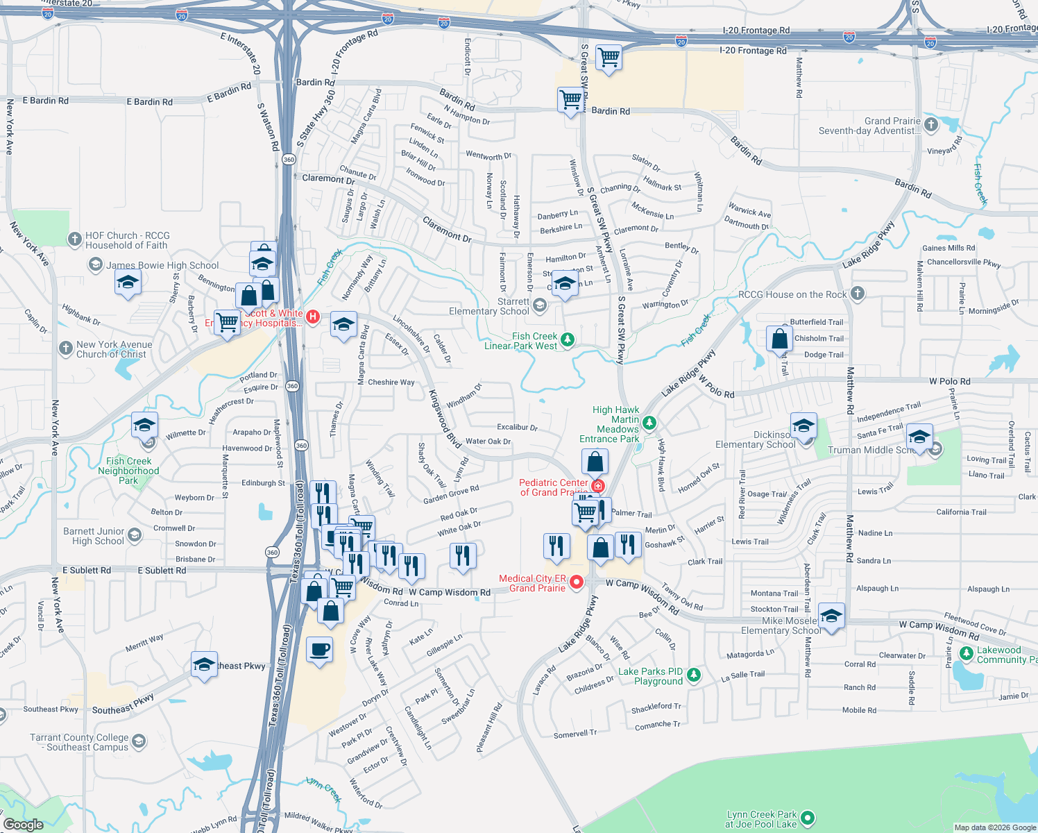 map of restaurants, bars, coffee shops, grocery stores, and more near 4848 New Forest Dr in Grand Prairie
