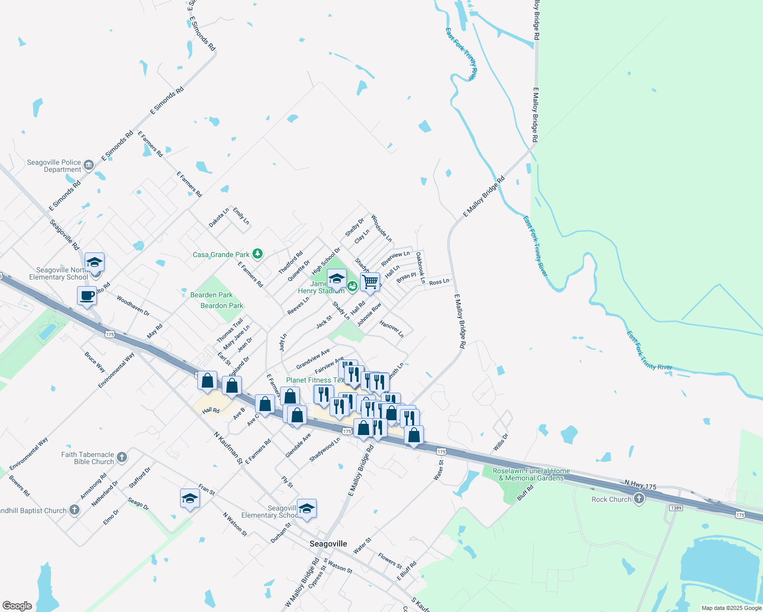 map of restaurants, bars, coffee shops, grocery stores, and more near 826 Johnnie Row in Seagoville