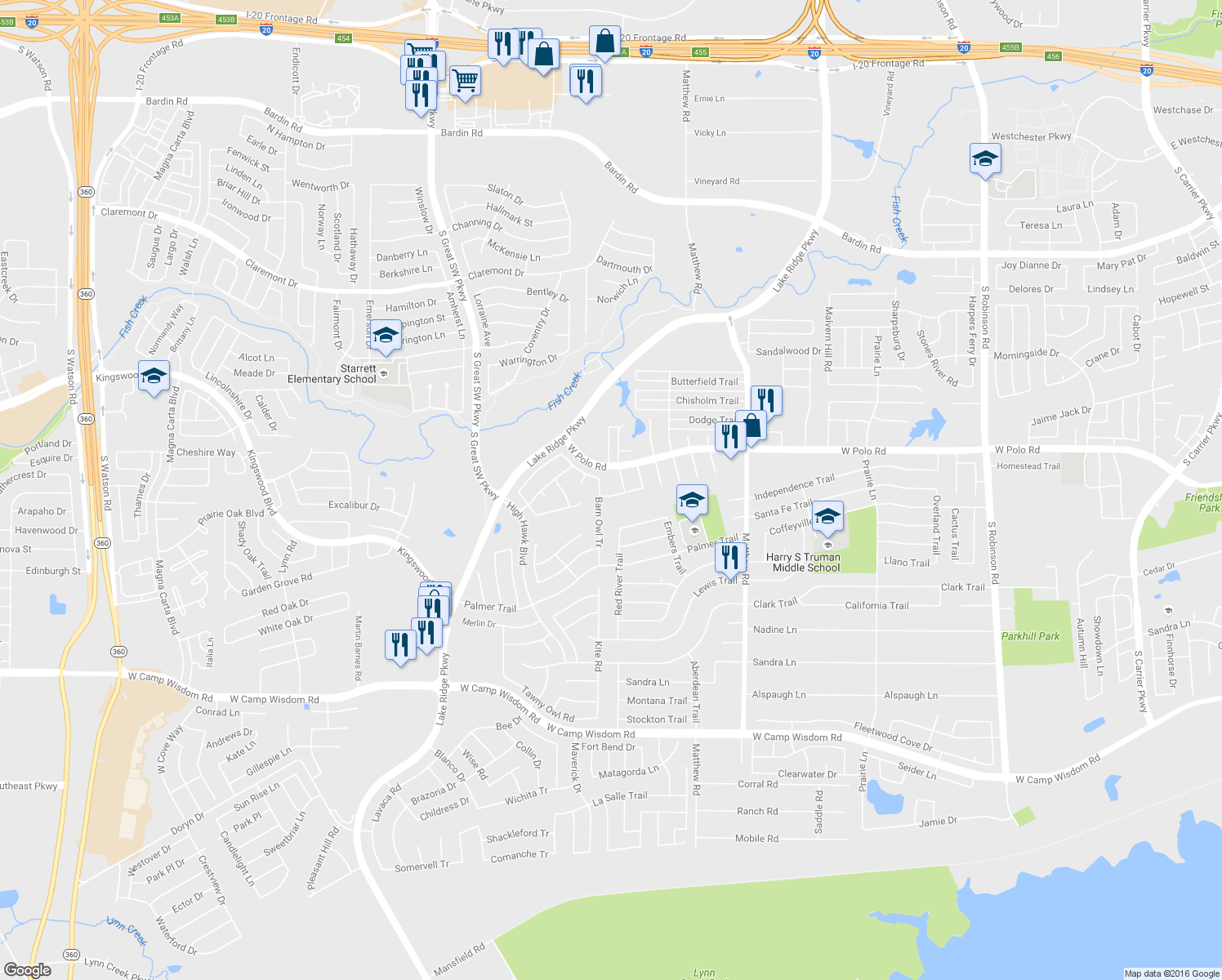 map of restaurants, bars, coffee shops, grocery stores, and more near 2130 Spanish Trail in Grand Prairie