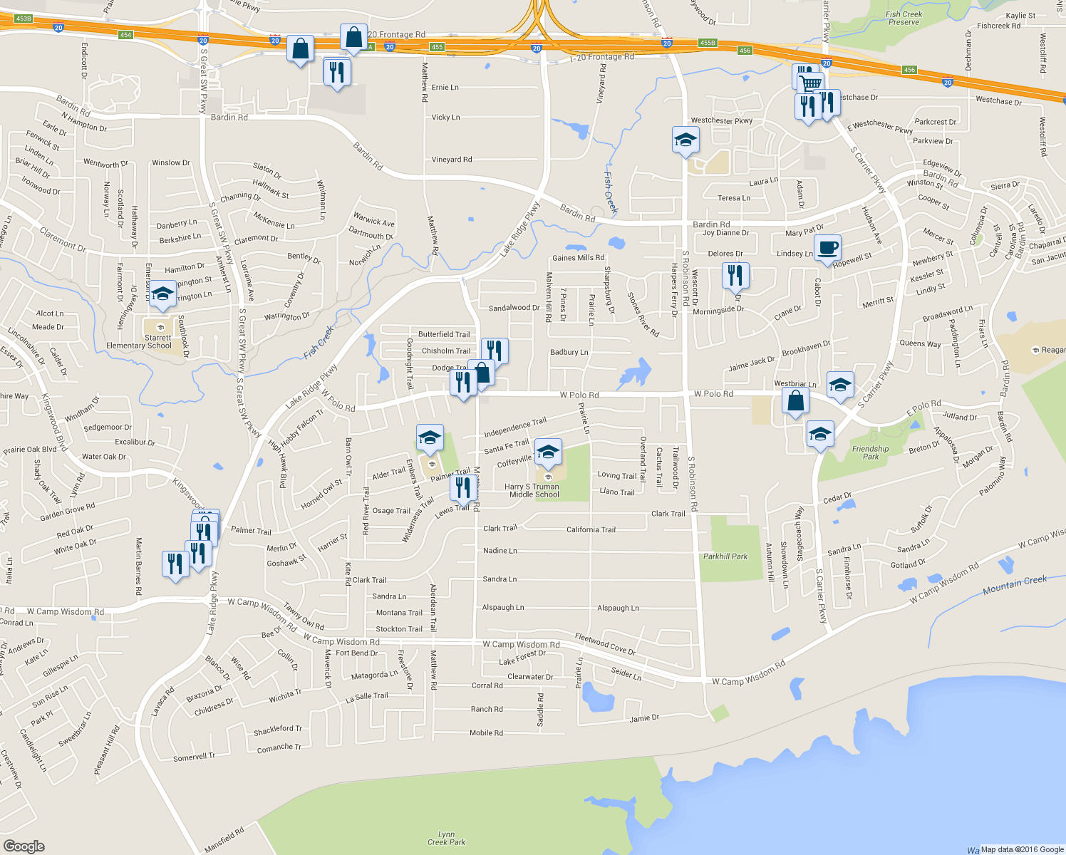 map of restaurants, bars, coffee shops, grocery stores, and more near 1529 Independence Trail in Grand Prairie